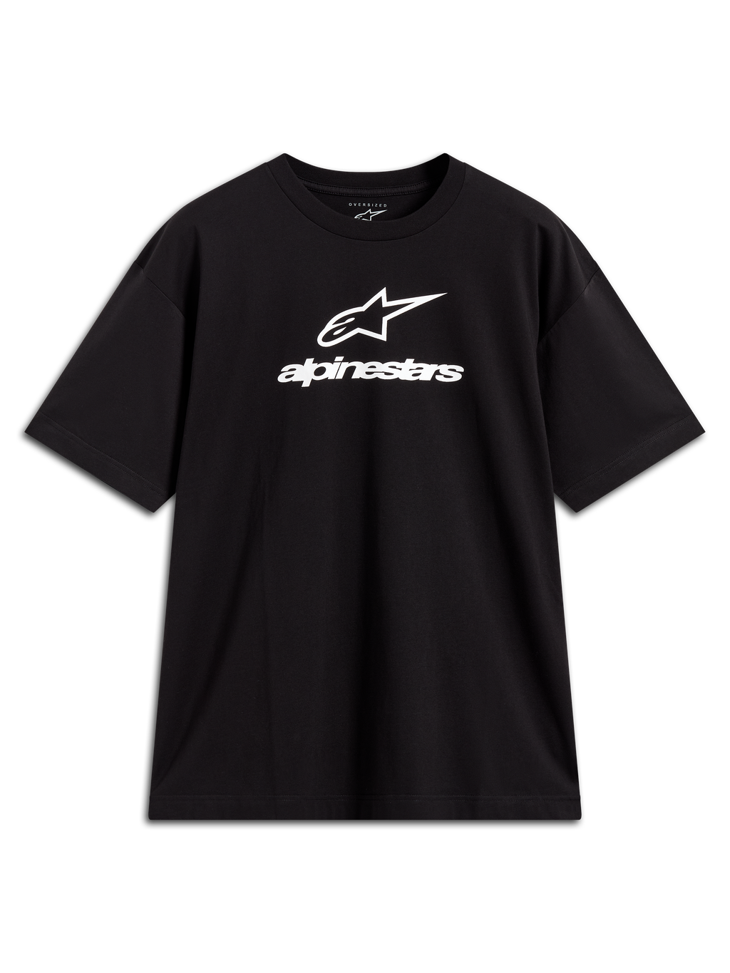 Alpinestars Prelude Oversized CSF t-shirt, svart kortärmad t-shirt med vit staplad bröstlogotyp, avslappnad sportswear.