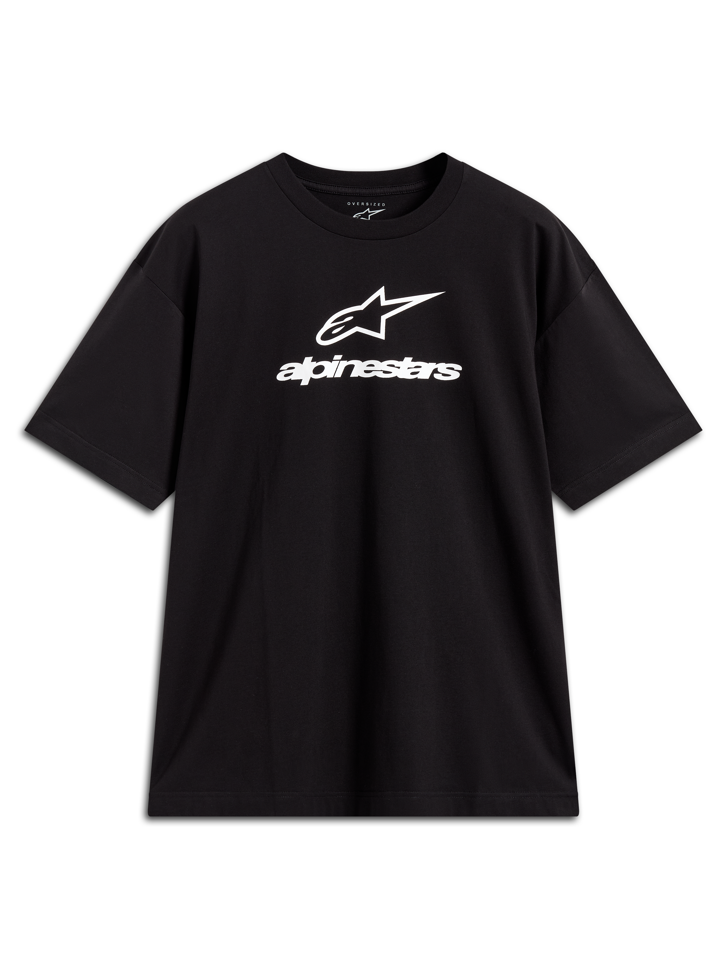 Alpinestars Prelude Oversized CSF t-shirt, svart kortärmad t-shirt med vit staplad bröstlogotyp, avslappnad sportswear.