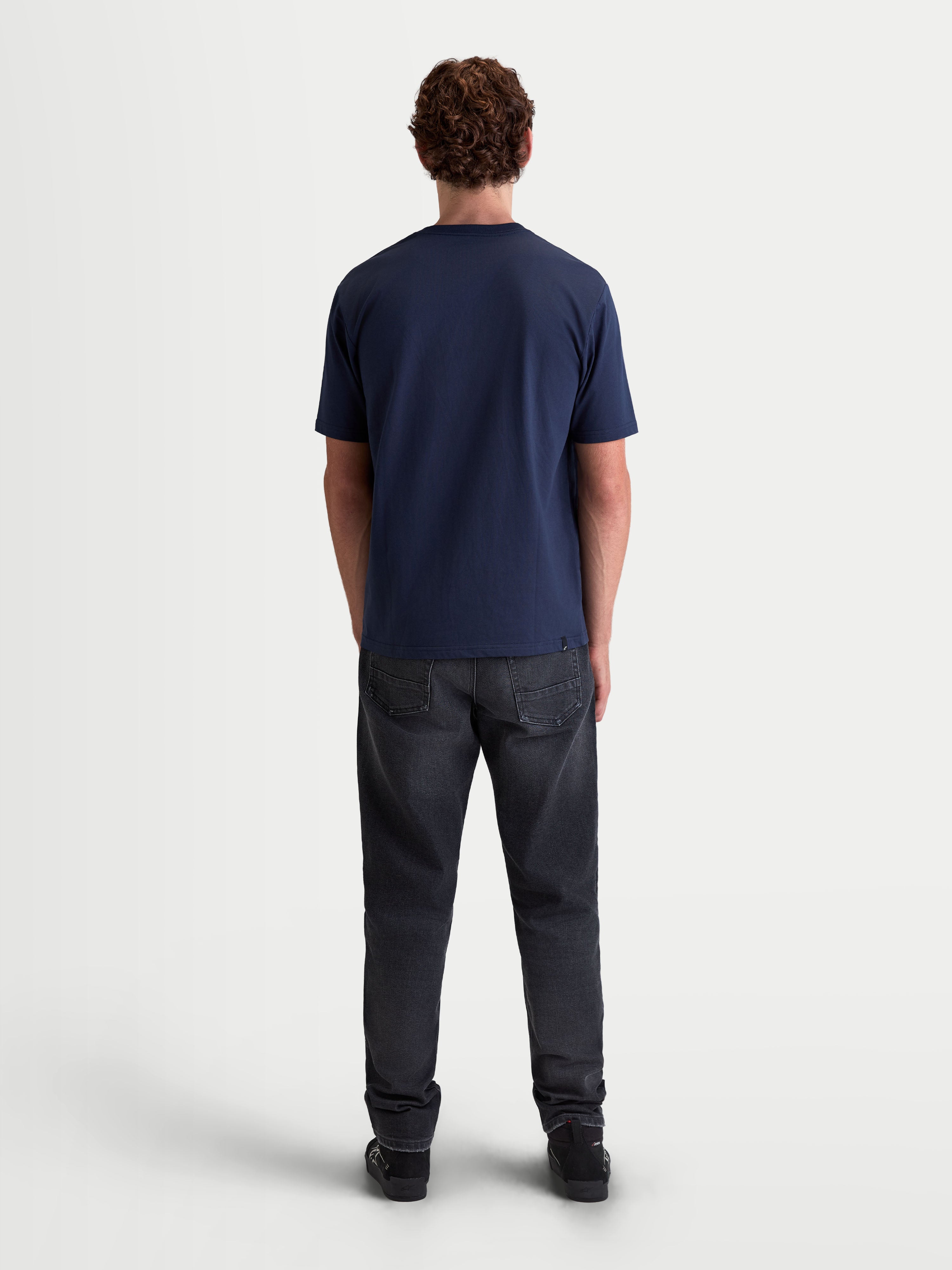 Alpinestars Cypress CSF Tee, Casual Short-Sleeve Sportswear T-Shirt, Navy Blue, Men's and Women's Lifestyle Apparel, Cotton-Polyester Blend, Back View on Model.