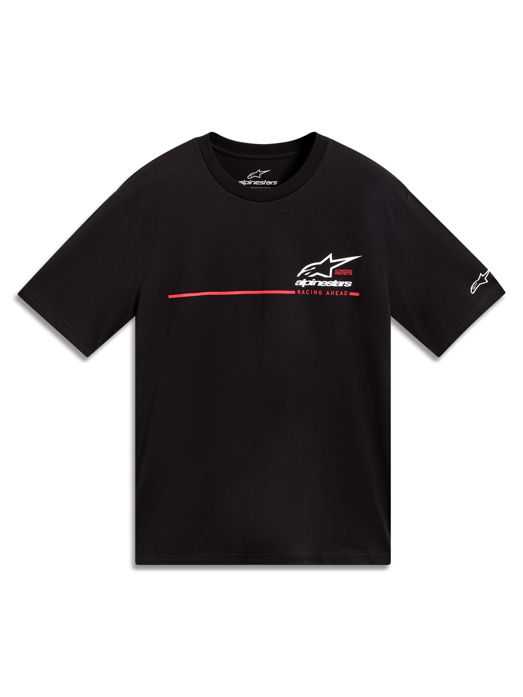 Alpinestars P1 CSF t-shirt, svart kortärmad motorsport-t-shirt, vit Astars-logotyp och röd racingrand med texten Racing Ahead.