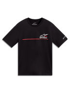 Alpinestars P1 CSF t-shirt, svart kortärmad motorsport-t-shirt, vit Astars-logotyp och röd racingrand med texten Racing Ahead.