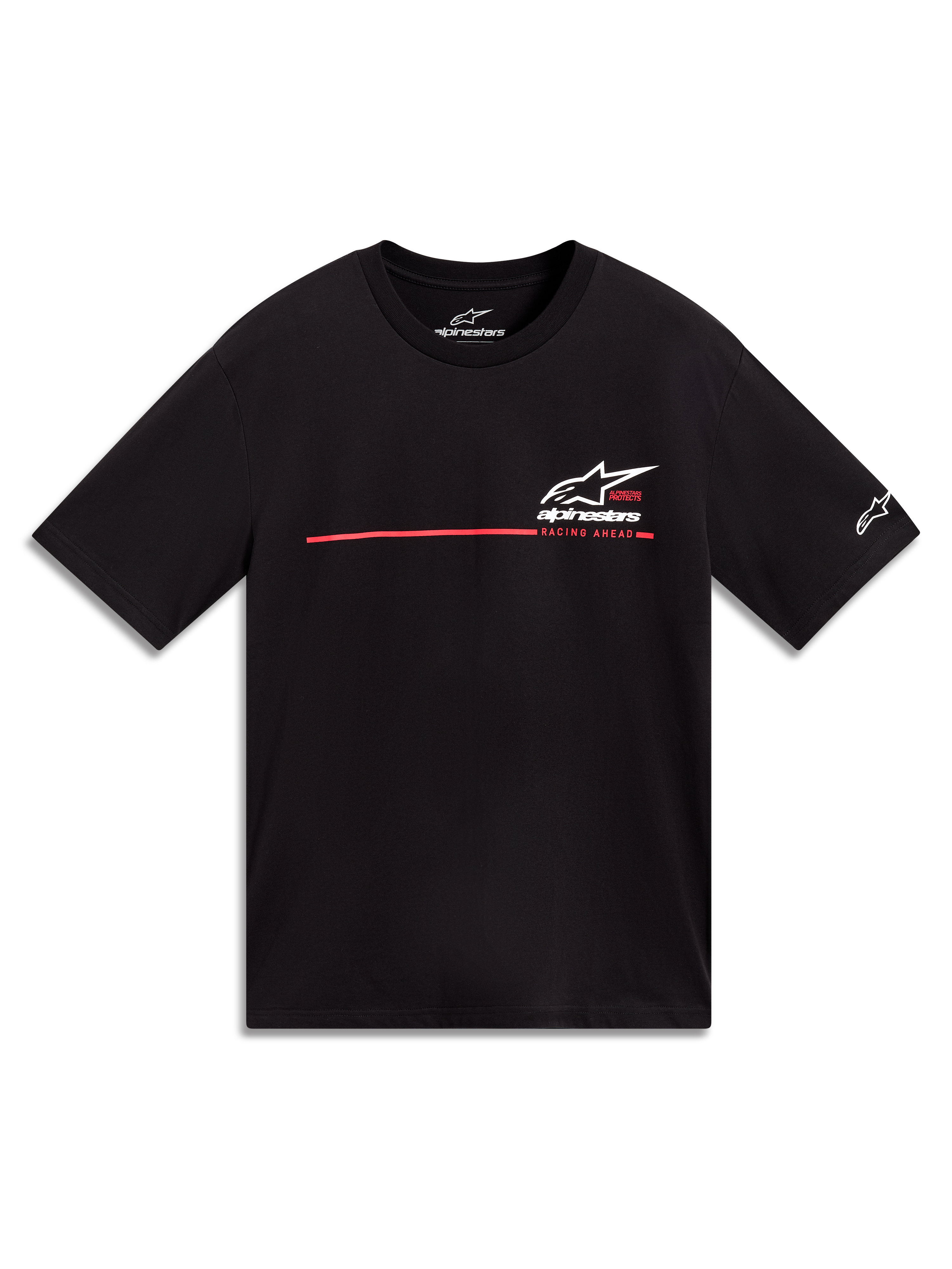 Alpinestars P1 CSF t-shirt, svart kortärmad motorsport-t-shirt, vit Astars-logotyp och röd racingrand med texten Racing Ahead.
