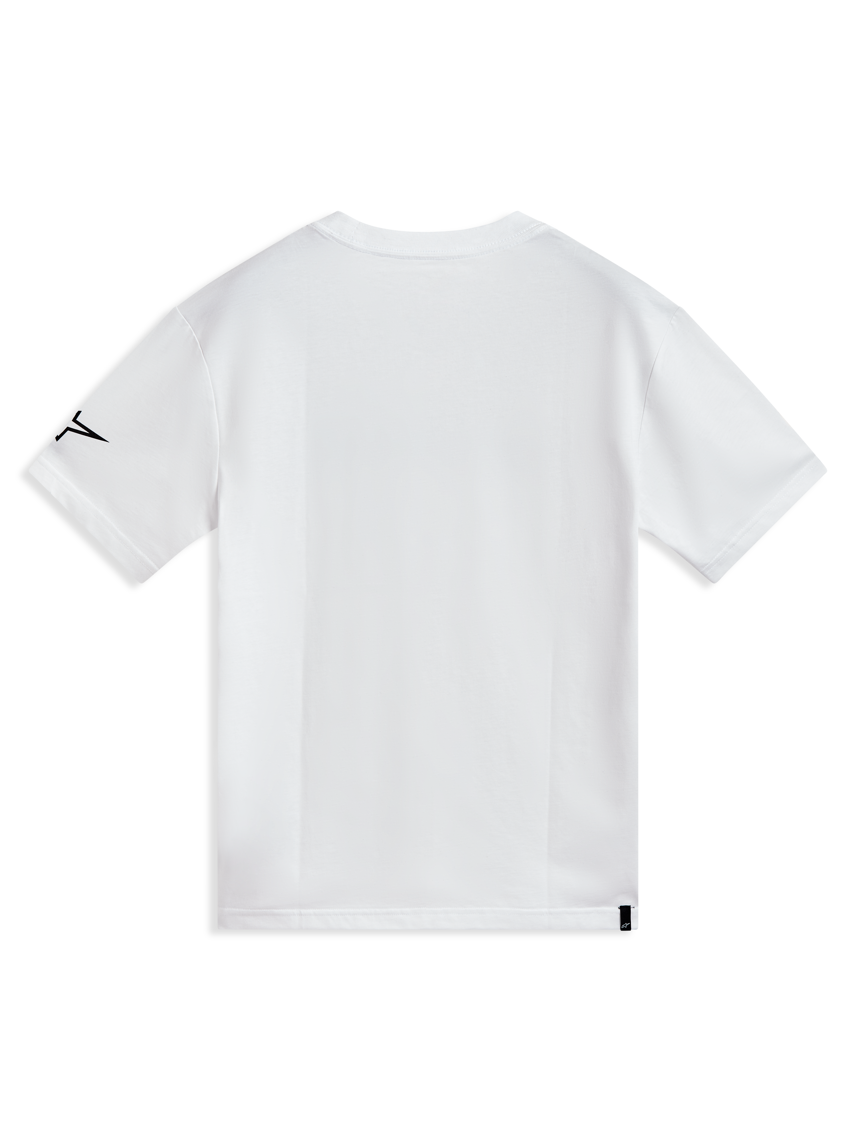 Alpinestars P1 CSF t-shirt, vit kortärmad sporttröja, vy bakifrån med svart ärmlogotyp, mjuk bomullsblandning