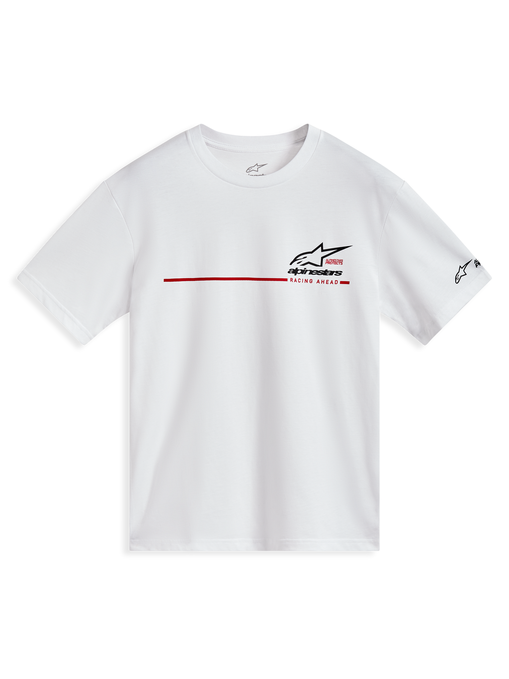Alpinestars P1 CSF Tee - Kortärmad, vit t-shirt i sportig stil med röd racingrand och svart logotypgrafik framtill, bekväm motorsportinspirerad tröja för vardagsbruk