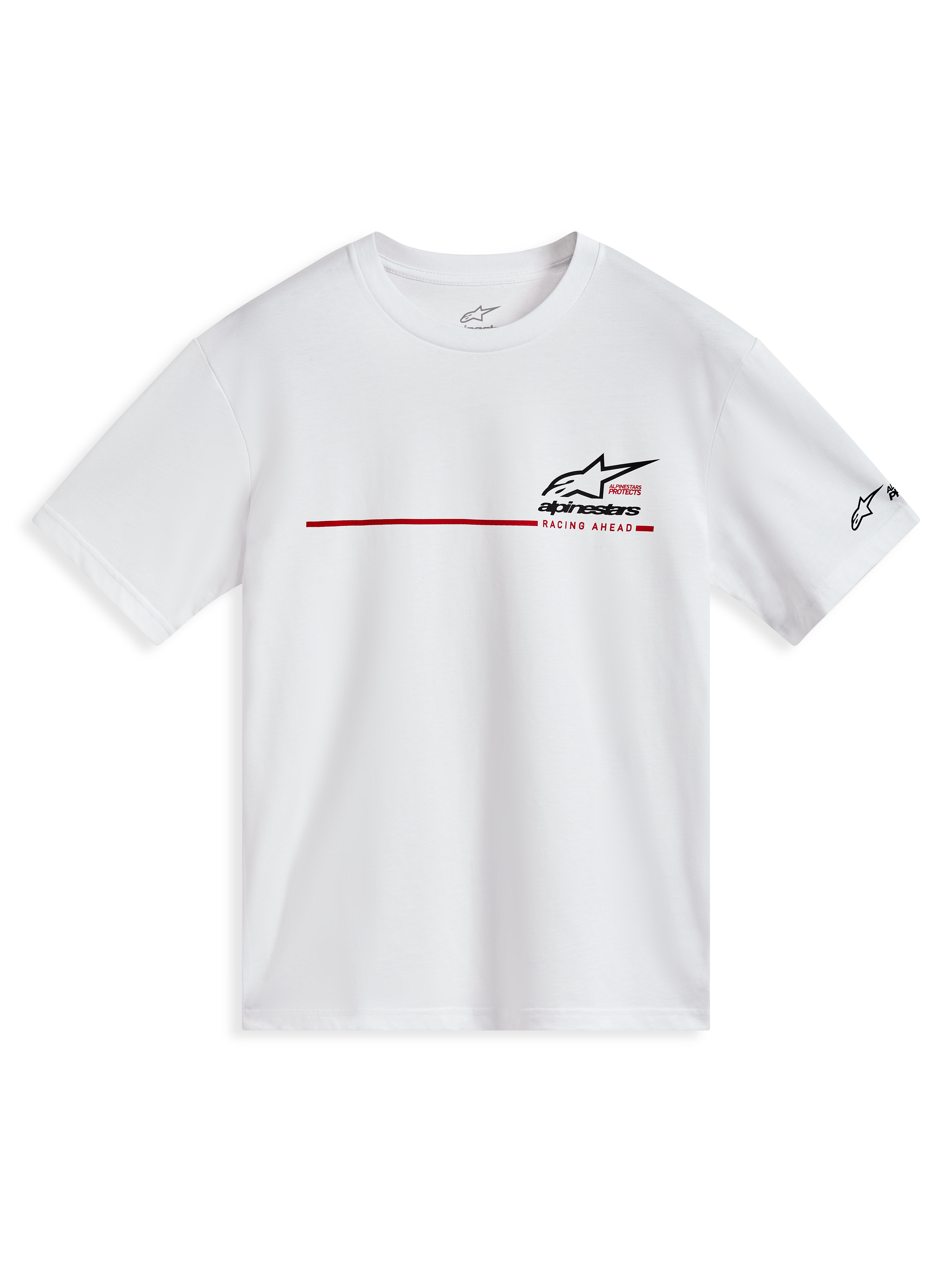 Alpinestars P1 CSF Tee - Kortärmad, vit t-shirt i sportig stil med röd racingrand och svart logotypgrafik framtill, bekväm motorsportinspirerad tröja för vardagsbruk