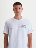 Alpinestars P1 CSF t-shirt, kortärmad t-shirt i unisex-modell, vit med röd och svart grafik, Astars-logotyp, röda racingränder och Racing Ahead-text, mjuk bomull- och polyesterblandning