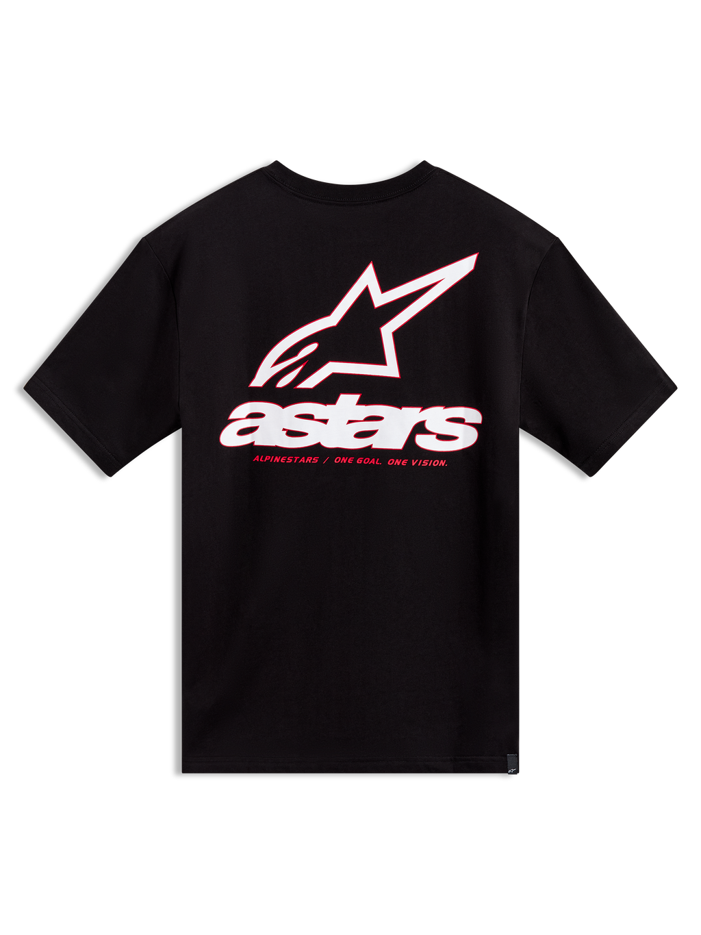 Alpinestars Lineout CSF t-shirt, svart kortärmad tröja med vit och röd Astars-logotyp på ryggen, avslappnad motorsportstil.