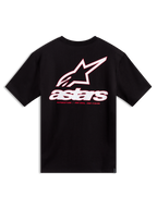 Alpinestars Lineout CSF t-shirt, svart kortärmad tröja med vit och röd Astars-logotyp på ryggen, avslappnad motorsportstil.