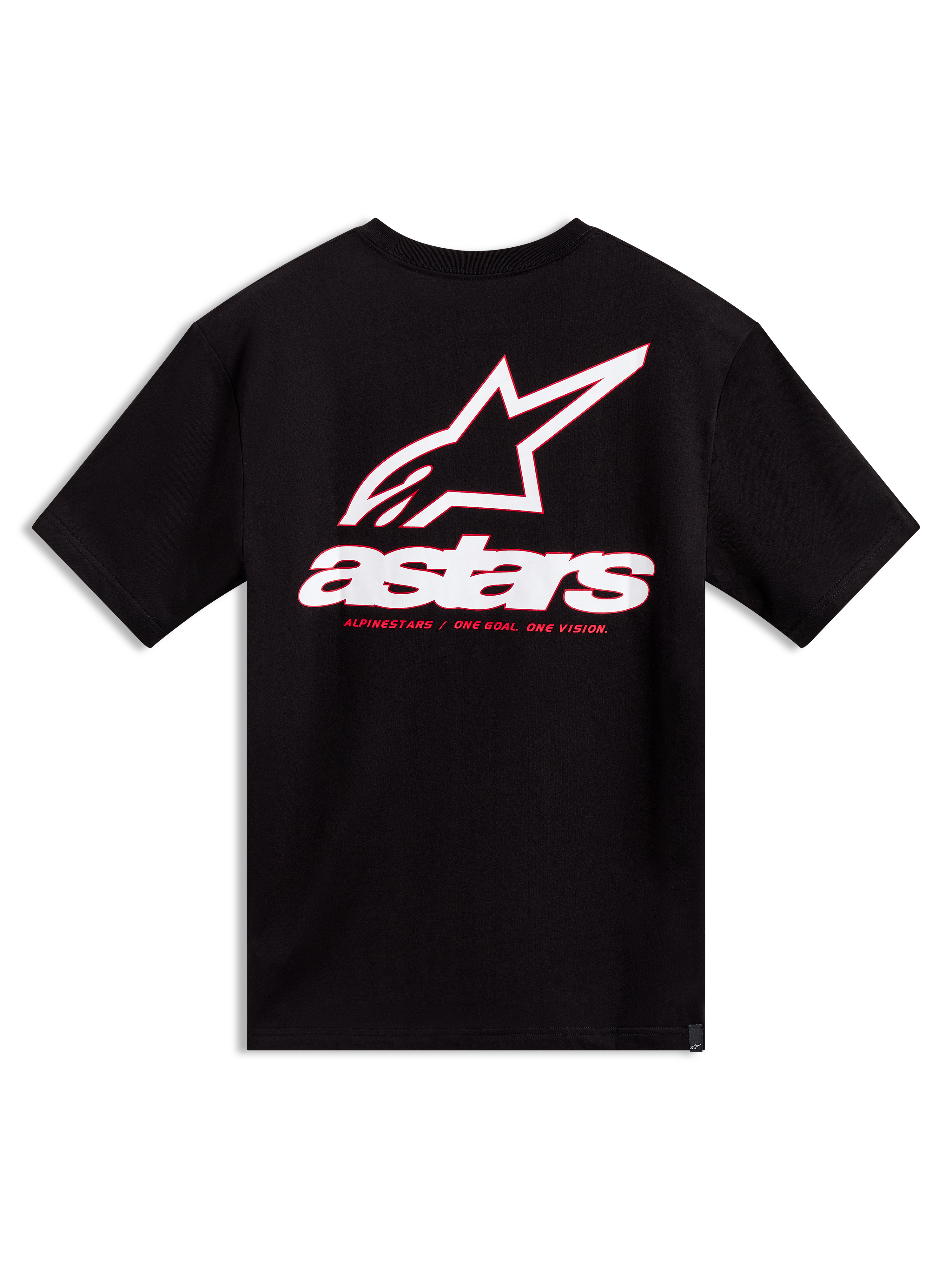 Alpinestars Lineout CSF t-shirt, svart kortärmad tröja med vit och röd Astars-logotyp på ryggen, avslappnad motorsportstil.