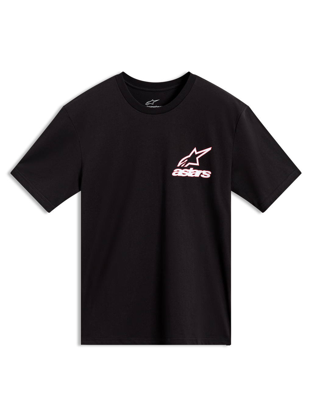 Alpinestars Lineout CSF Tee, svart kortärmad t-shirt med vit och röd konturerad Astars-logotyp på bröstet, bekväm motorsport-lifestyle.