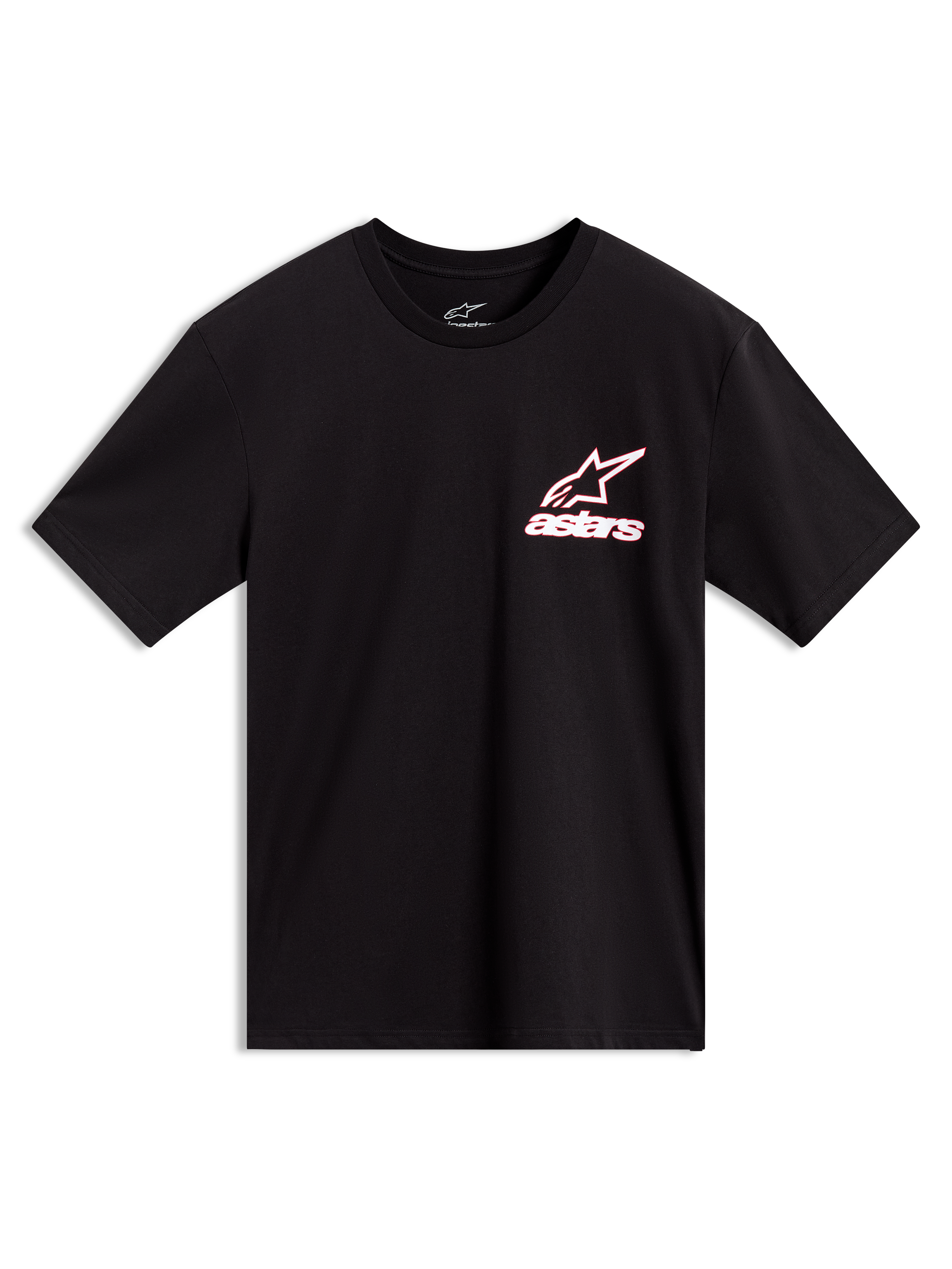 Alpinestars Lineout CSF Tee, svart kortärmad t-shirt med vit och röd konturerad Astars-logotyp på bröstet, bekväm motorsport-lifestyle.
