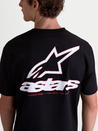 Alpinestars Lineout CSF t-shirt, kortärmad sportswear t-shirt, svart med stor vit och röd Astars-logotyp på ryggen, unisex, bomulls- och polyesterblandning, One Goal One Vision-motto