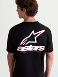 Alpinestars Lineout CSF t-shirt, svart kortärmad sportswear-t-shirt för herrar, stor vit och röd Astars-logotyp och tagline-grafik på ryggen, mjuk bomulls- och polyesterblandning.