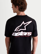 Alpinestars Lineout CSF t-shirt, svart kortärmad sportswear-t-shirt för herrar, stor vit och röd Astars-logotyp och tagline-grafik på ryggen, mjuk bomulls- och polyesterblandning.