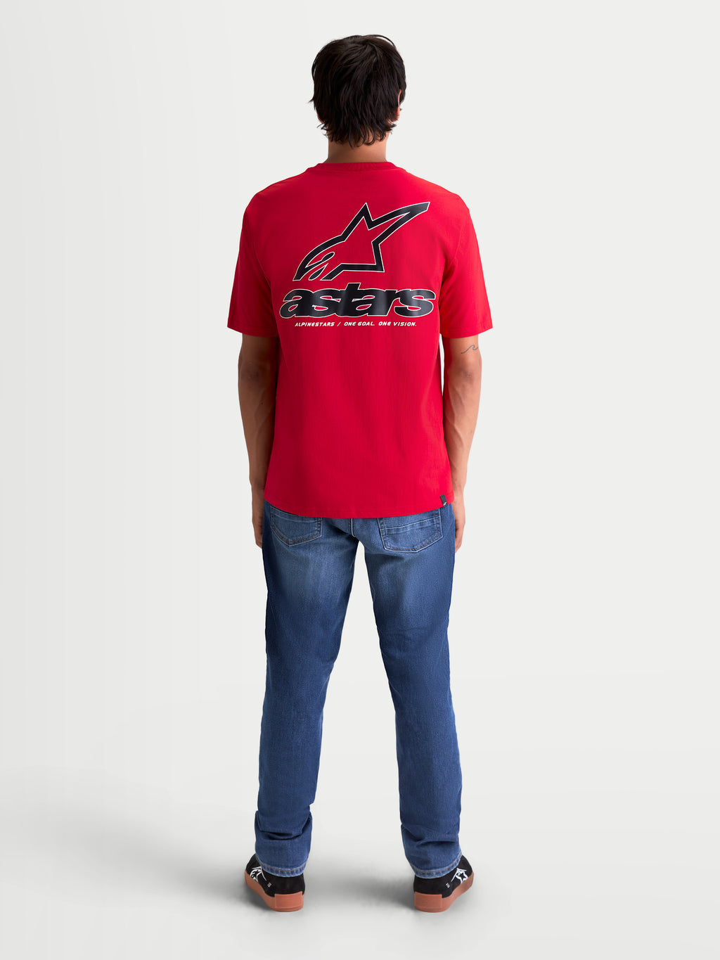 Alpinestars Lineout CSF t-shirt, kortärmad sportswear t-shirt för herrar, röd med stor svart och vit Astars-logotyp och spiralgrafik på ryggen, mjukt tryck, casual lifestyle-plagg