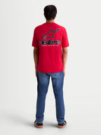 Alpinestars Lineout CSF t-shirt, kortärmad sportswear t-shirt för herrar, röd med stor svart och vit Astars-logotyp och spiralgrafik på ryggen, mjukt tryck, casual lifestyle-plagg