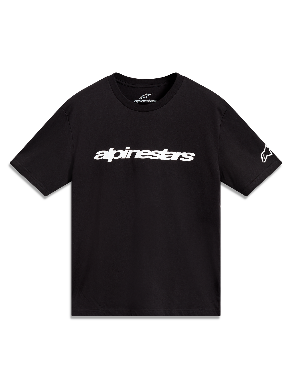 Alpinestars Race Wordmark CSF T-shirt, kortärmad sportswear, svart, vit linjär logotyp på bröstet och ärmgrafik.