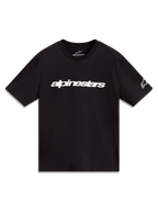 Alpinestars Race Wordmark CSF T-shirt, kortärmad sportswear, svart, vit linjär logotyp på bröstet och ärmgrafik.