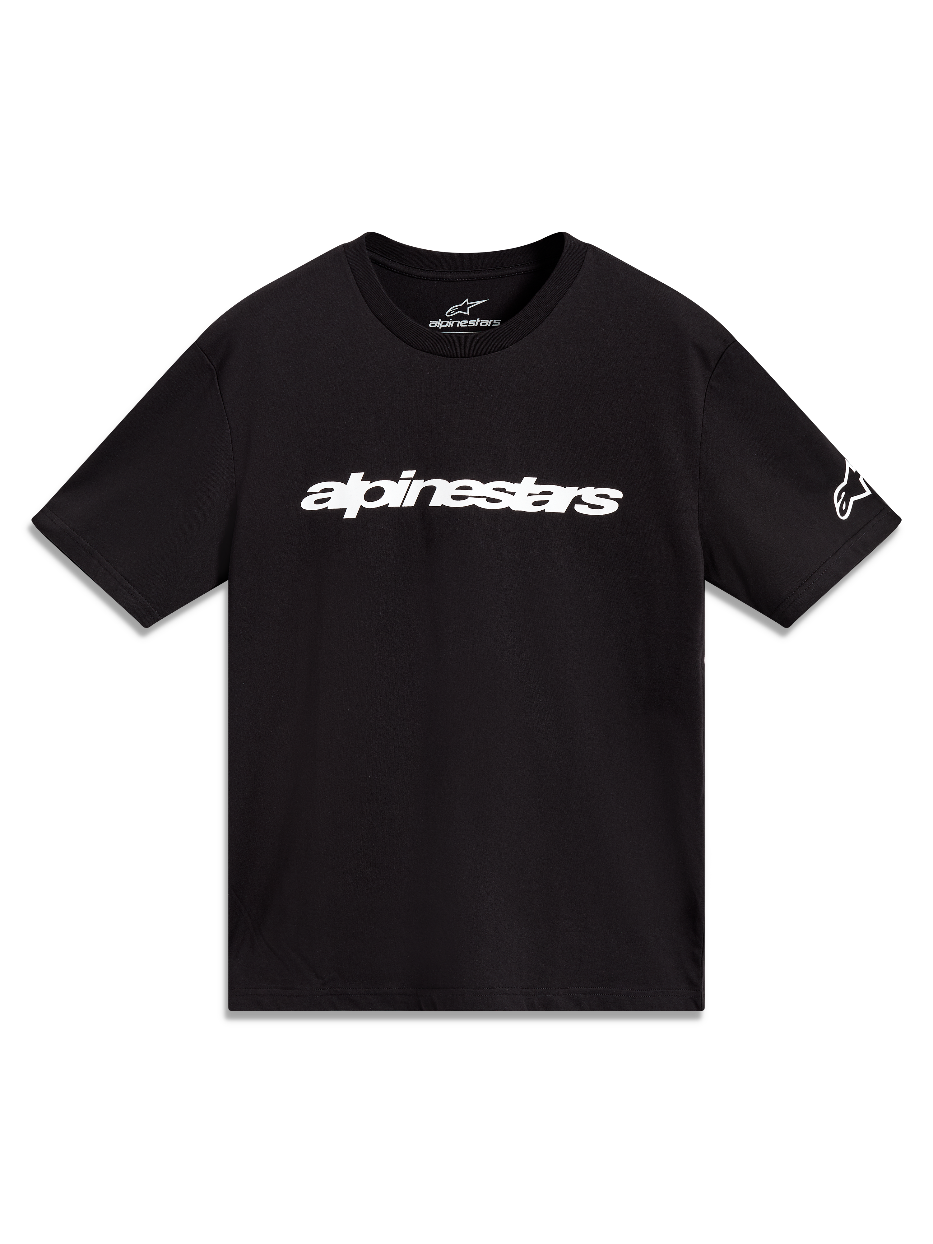 Alpinestars Race Wordmark CSF T-shirt, kortärmad sportswear, svart, vit linjär logotyp på bröstet och ärmgrafik.