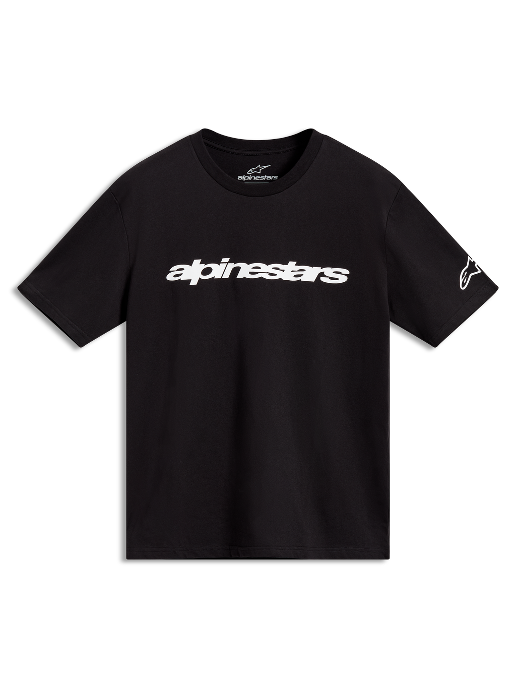 Alpinestars Race Wordmark CSF t-shirt, svart kortärmad tröja med vit linjär bröstlogotyp och logotyp på ärmen.