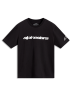 Alpinestars Race Wordmark CSF t-shirt, svart kortärmad tröja med vit linjär bröstlogotyp och logotyp på ärmen.