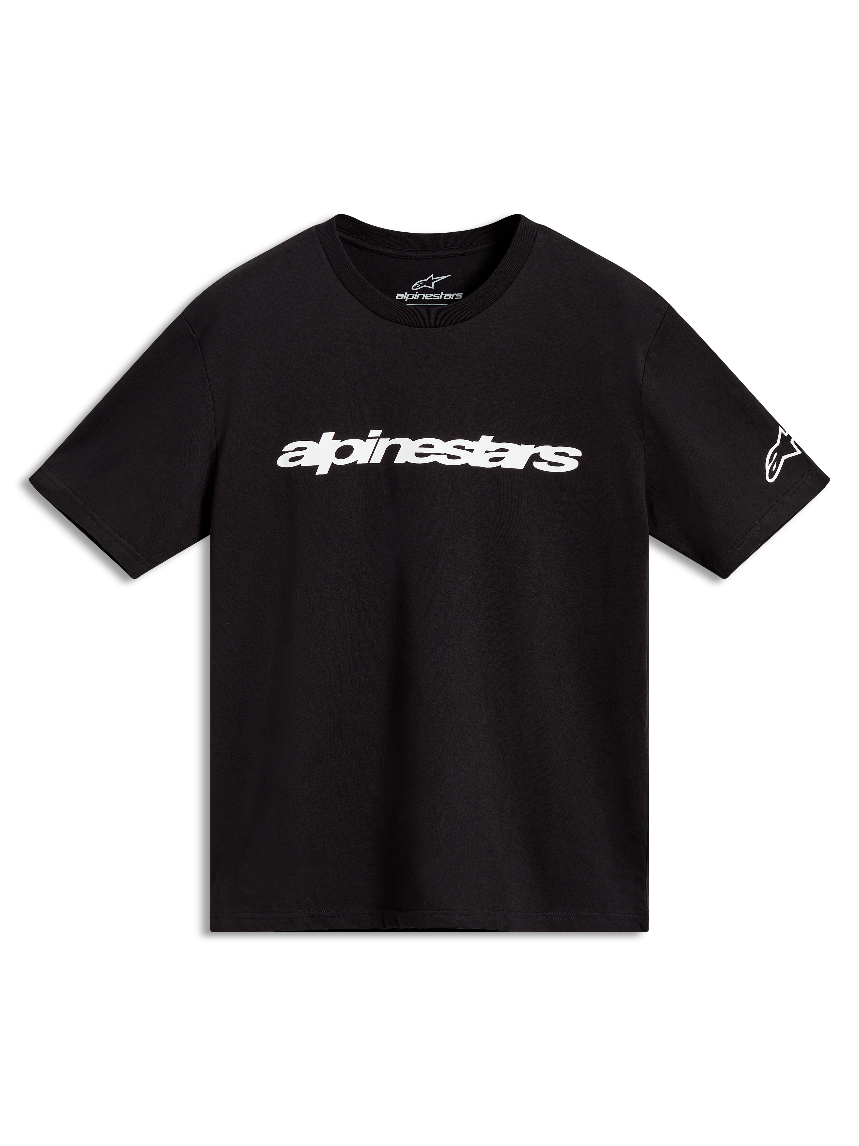 Alpinestars Race Wordmark CSF t-shirt, svart kortärmad tröja med vit linjär bröstlogotyp och logotyp på ärmen.