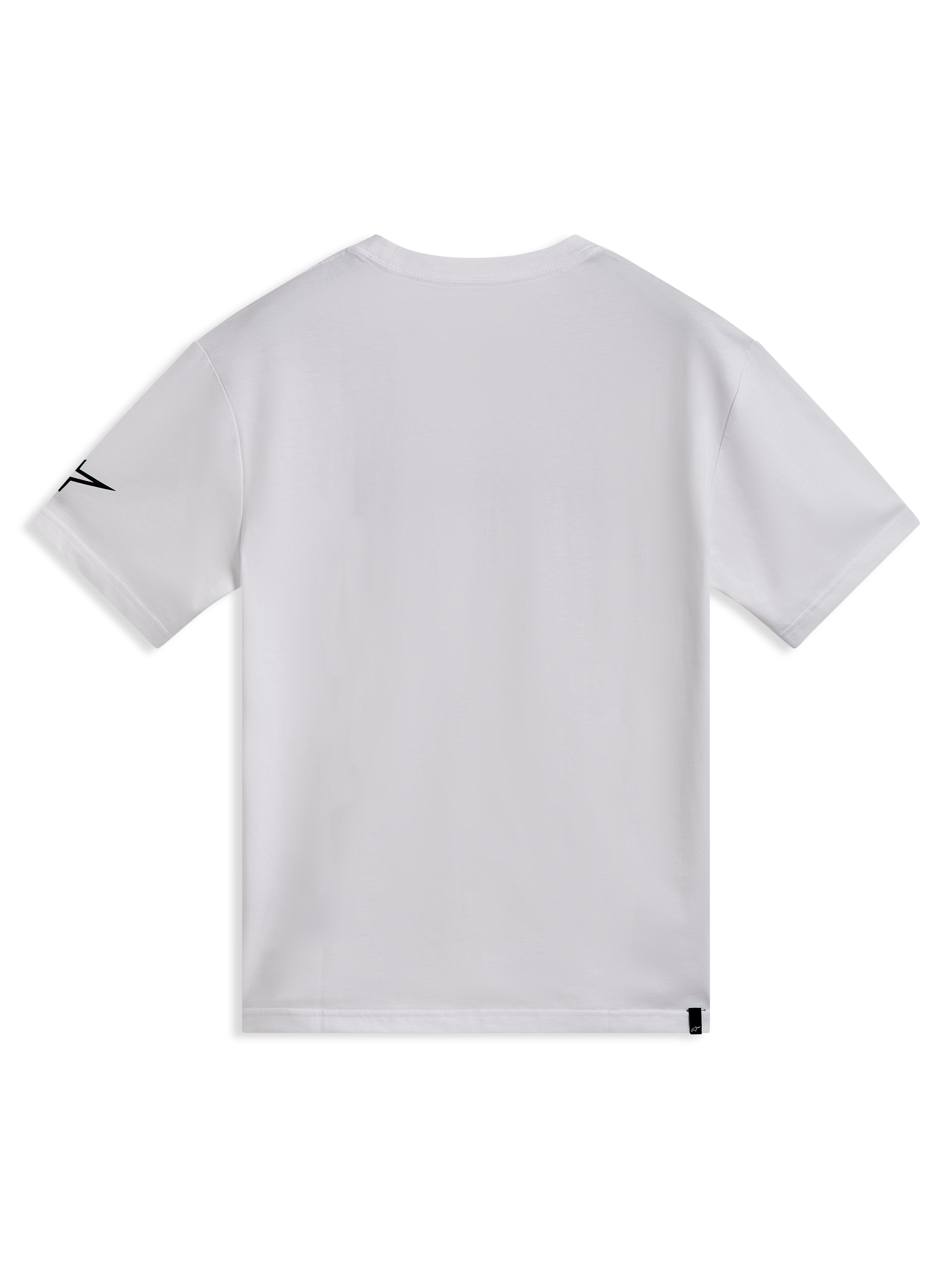 Alpinestars Race Wordmark CSF kortärmad t-shirt, vit, vy bakifrån med svart Ageless-logotyp på ärmen, mjuk bomullsblandning