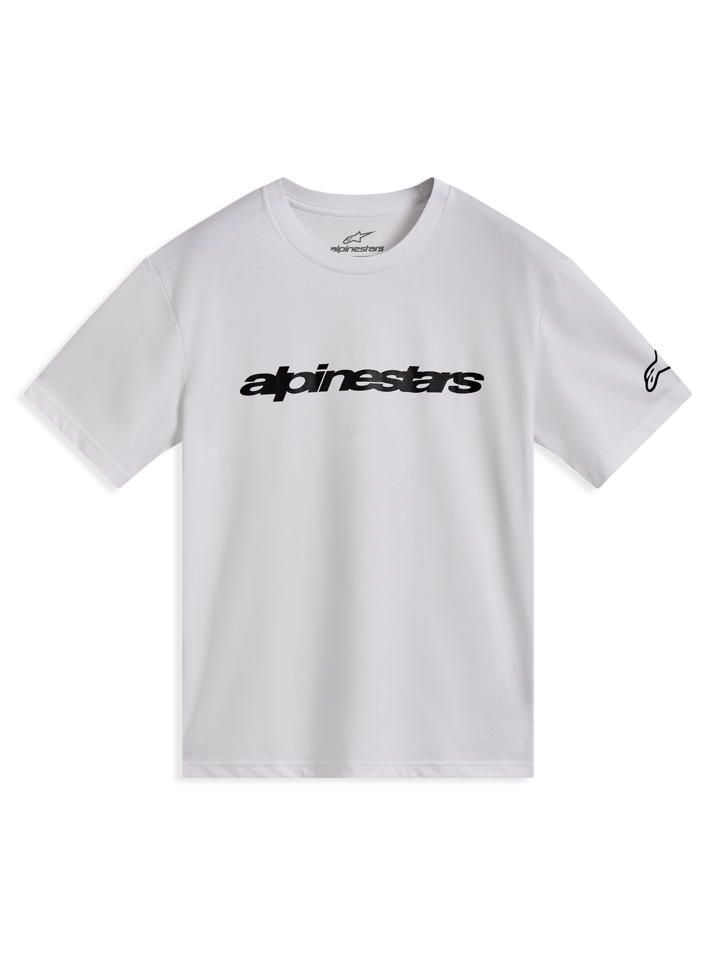 Alpinestars Race Wordmark CSF t-shirt, vit kortärmad tröja med svart linjär bröstlogotyp och logga på ärmen.