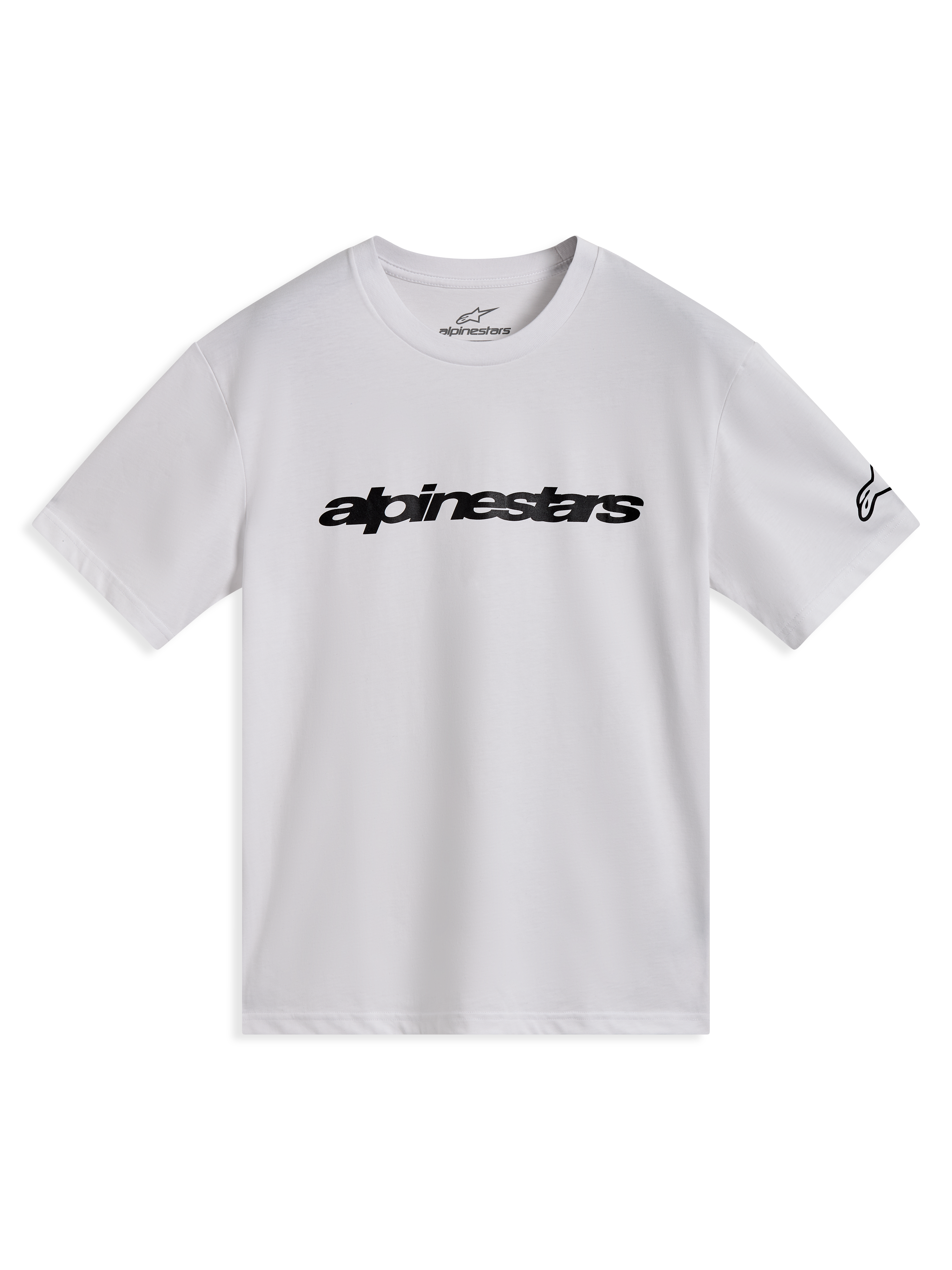 Alpinestars Race Wordmark CSF t-shirt, vit kortärmad tröja med svart linjär bröstlogotyp och logga på ärmen.