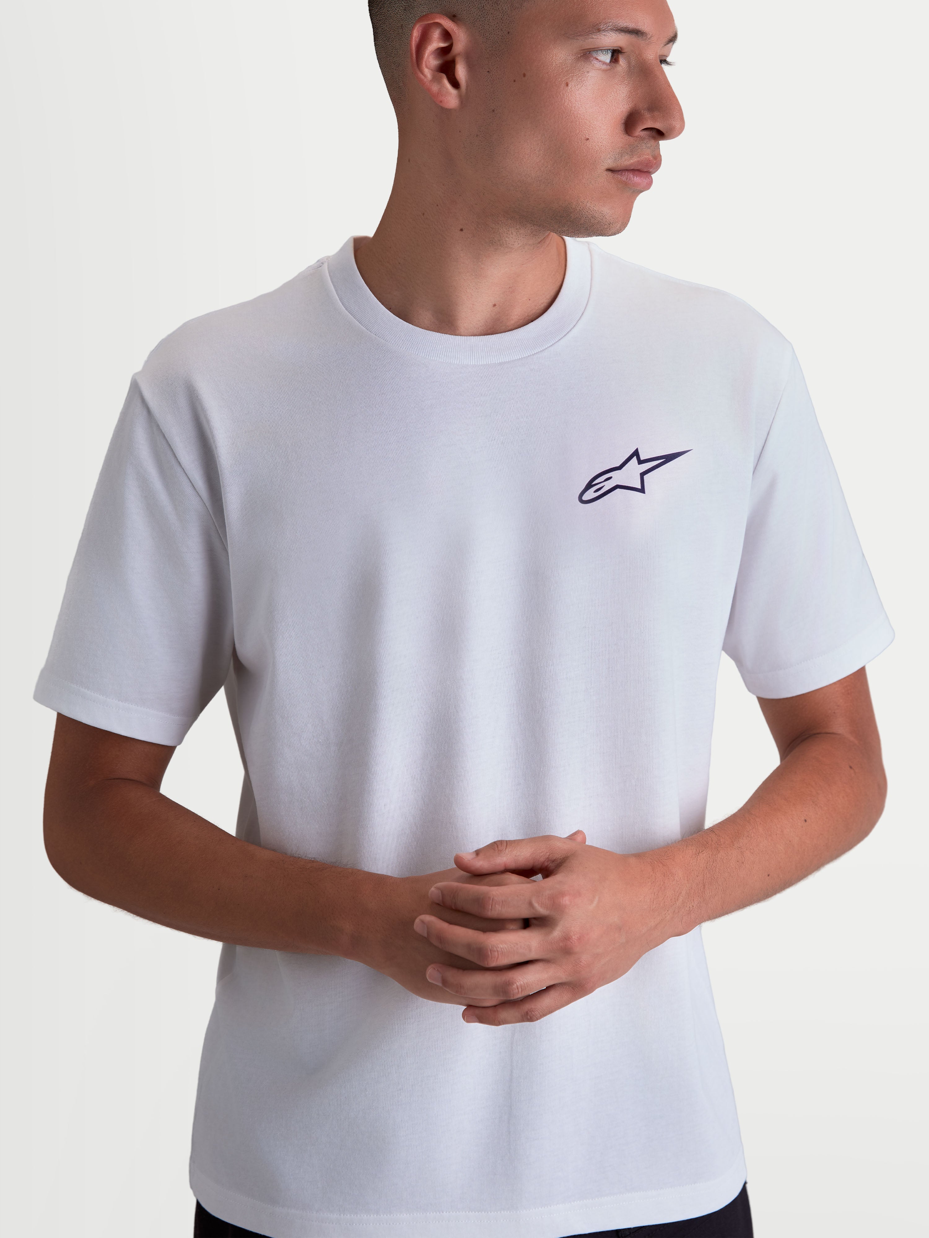 Alpinestars Combo Back CSF Tee, Men's Short Sleeve Sportswear T-Shirt, White and Black, casual everyday shirt featuring a soft-hand Astars logo graphic on the chest, on-model front view.