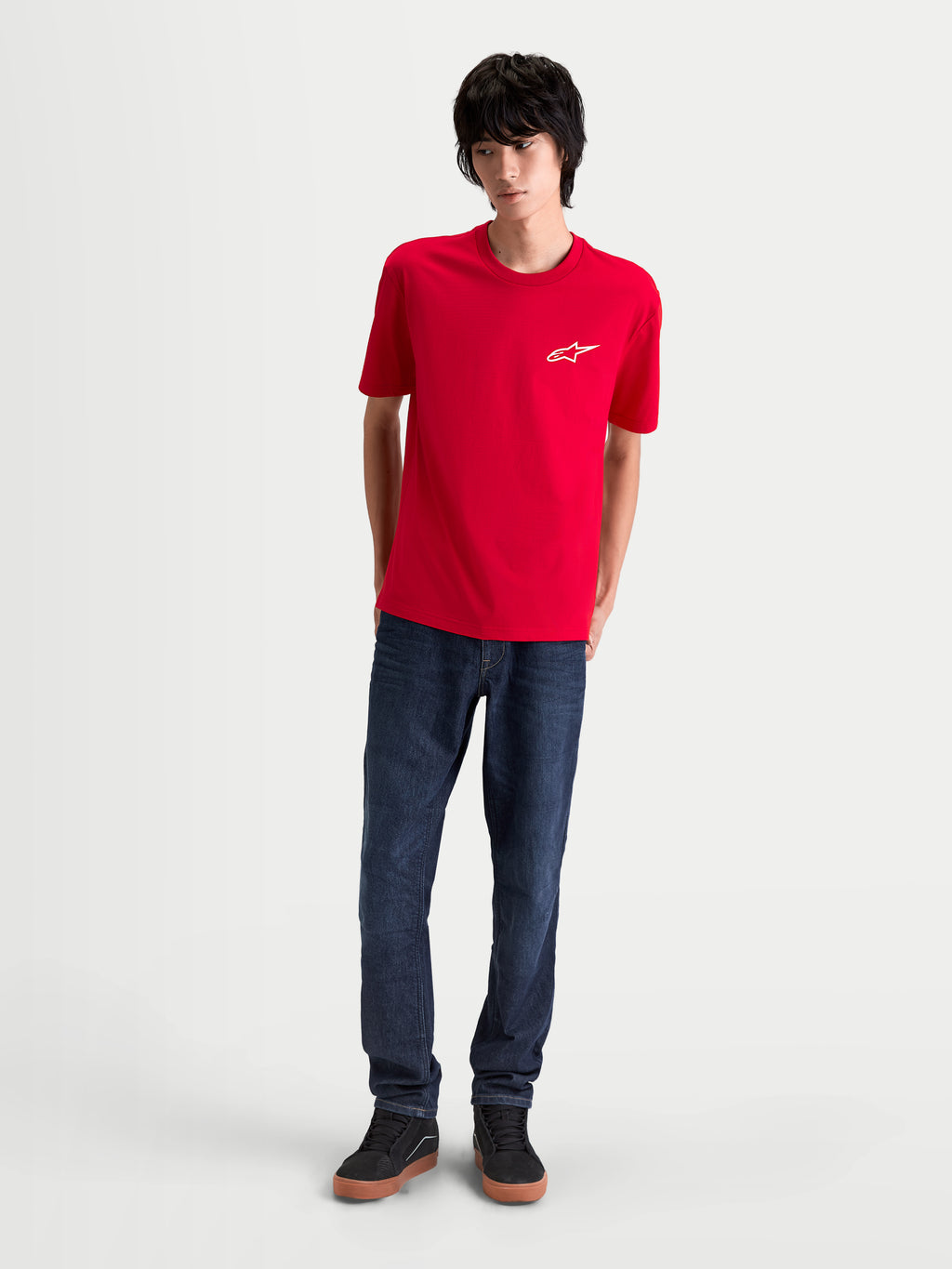 Alpinestars Combo Back CSF Tee, Men's Short Sleeve Sportswear T-Shirt in Red and White, featuring a small white Astars chest logo on a cotton-poly blend, casual motorsport-inspired look.
