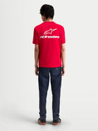Alpinestars Combo Back CSF Tee, Red Short Sleeve Sportswear T-Shirt, featuring a large white Astars logo and wordmark graphic on the back, on-model view, premium cotton-poly blend for casual motorsport style.