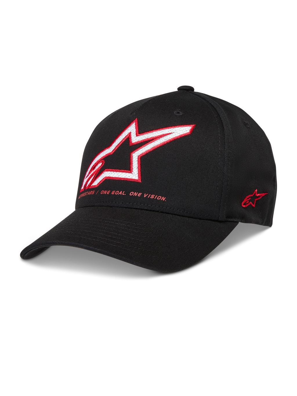 Alpinestars Lineout keps, svart basebollkeps i twill med röd och vit broderad Astars-logotyp och böjd skärm