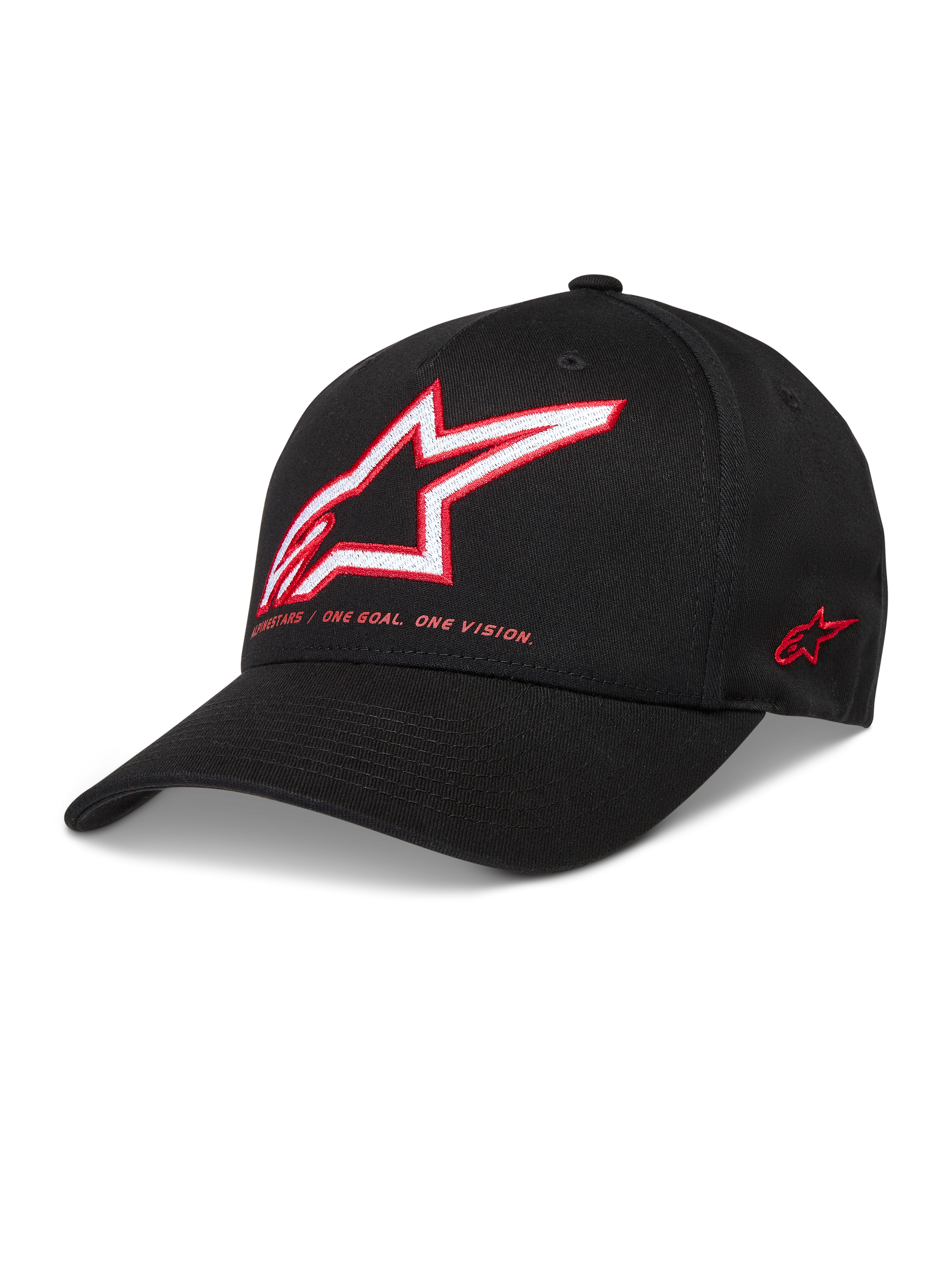 Alpinestars Lineout keps, svart basebollkeps i twill med röd och vit broderad Astars-logotyp och böjd skärm
