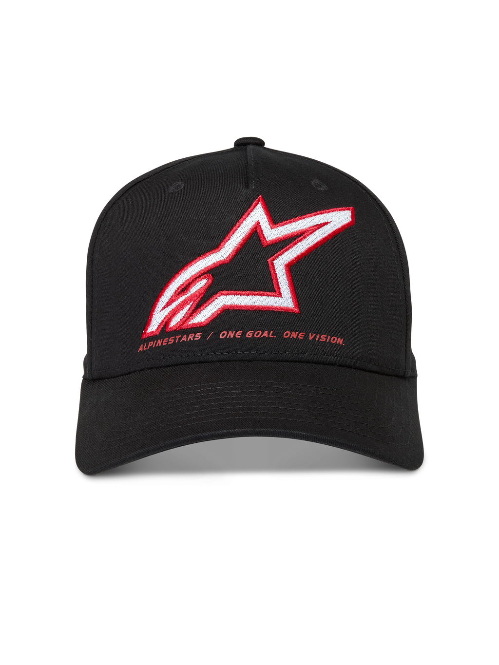 Alpinestars Lineout hatt, svart keps i twill med böjd skärm, röd och vit broderad Astars-logotyp och varumärkesmotto.