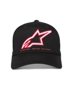 Alpinestars Lineout hatt, svart keps i twill med böjd skärm, röd och vit broderad Astars-logotyp och varumärkesmotto.