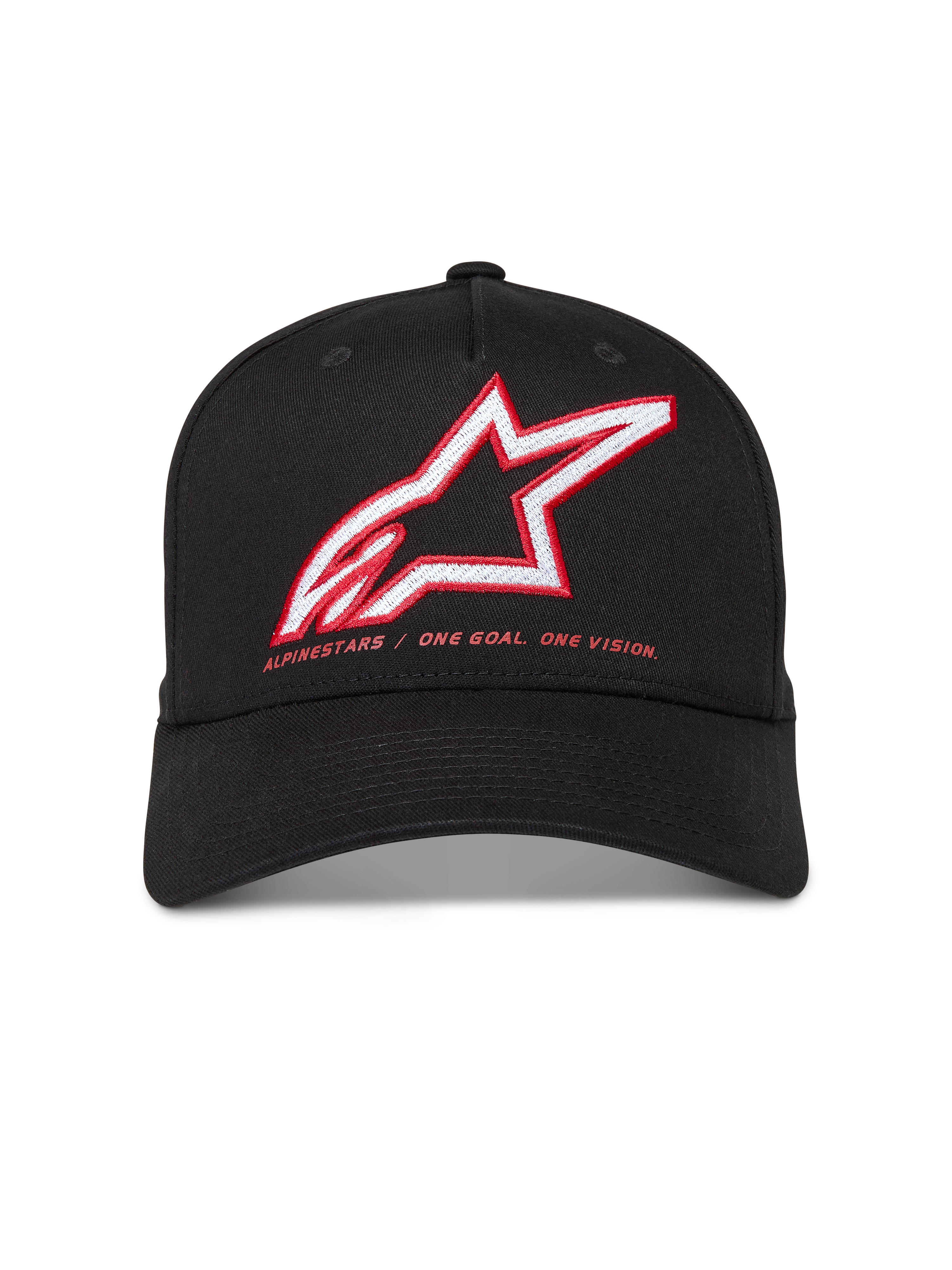 Alpinestars Lineout hatt, svart keps i twill med böjd skärm, röd och vit broderad Astars-logotyp och varumärkesmotto.