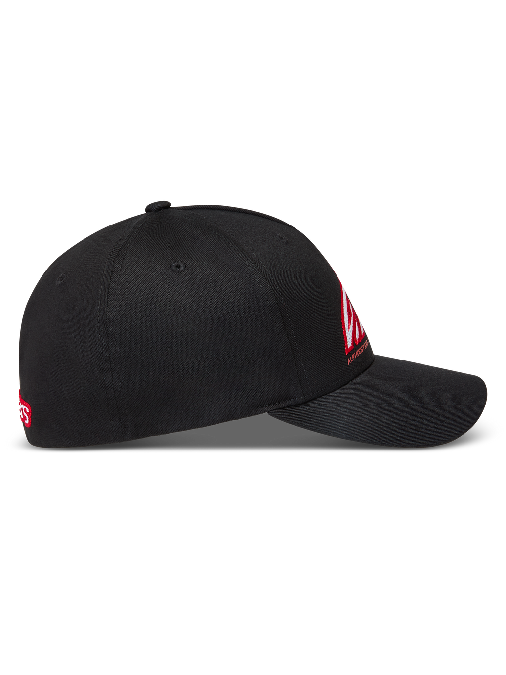 Alpinestars Lineout hatt, svart keps i twilltyg med böjd skärm, röd och vit broderad logotyp på en strukturerad krona, klassisk motorsportstil