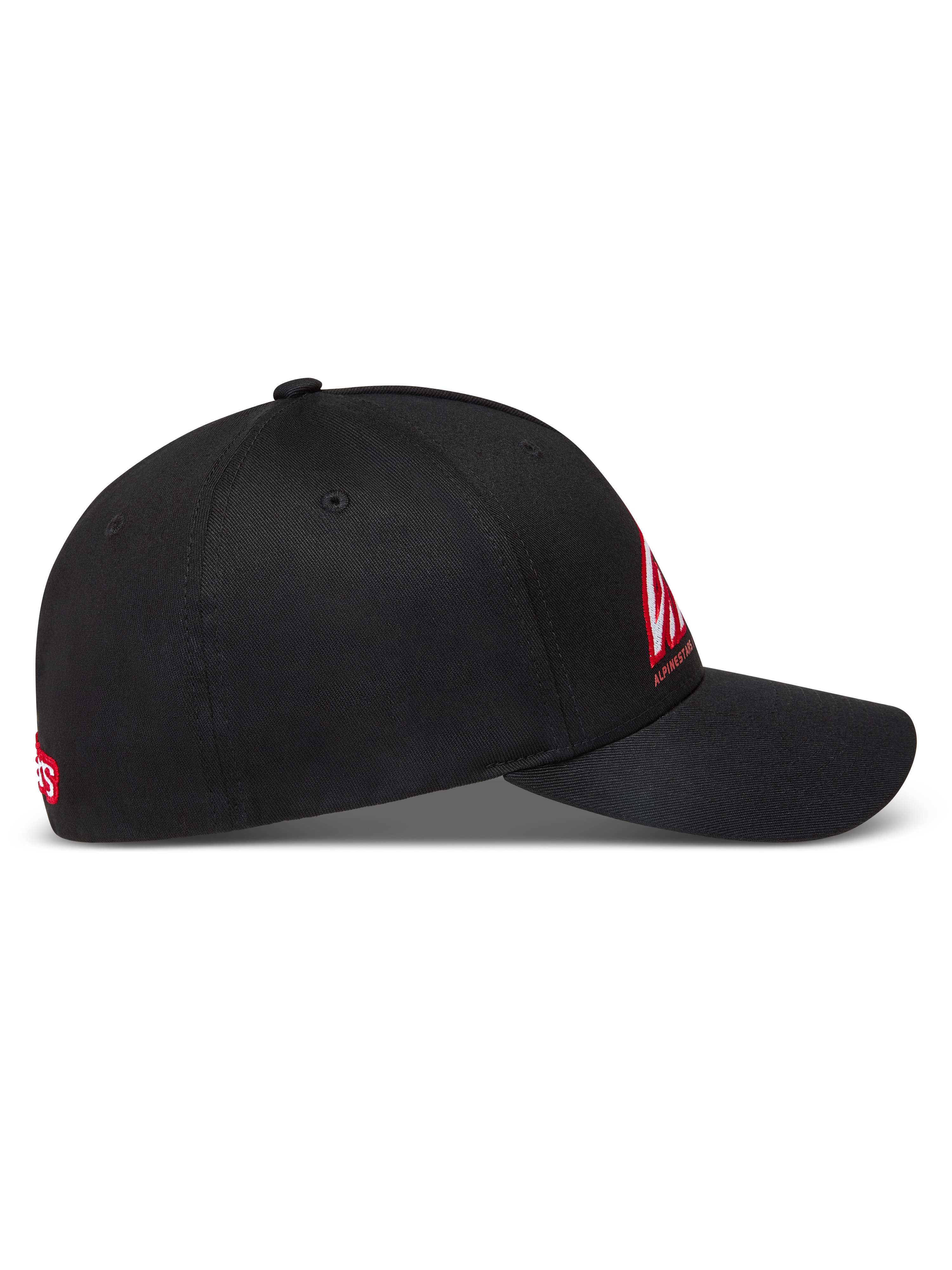 Alpinestars Lineout hatt, svart keps i twilltyg med böjd skärm, röd och vit broderad logotyp på en strukturerad krona, klassisk motorsportstil