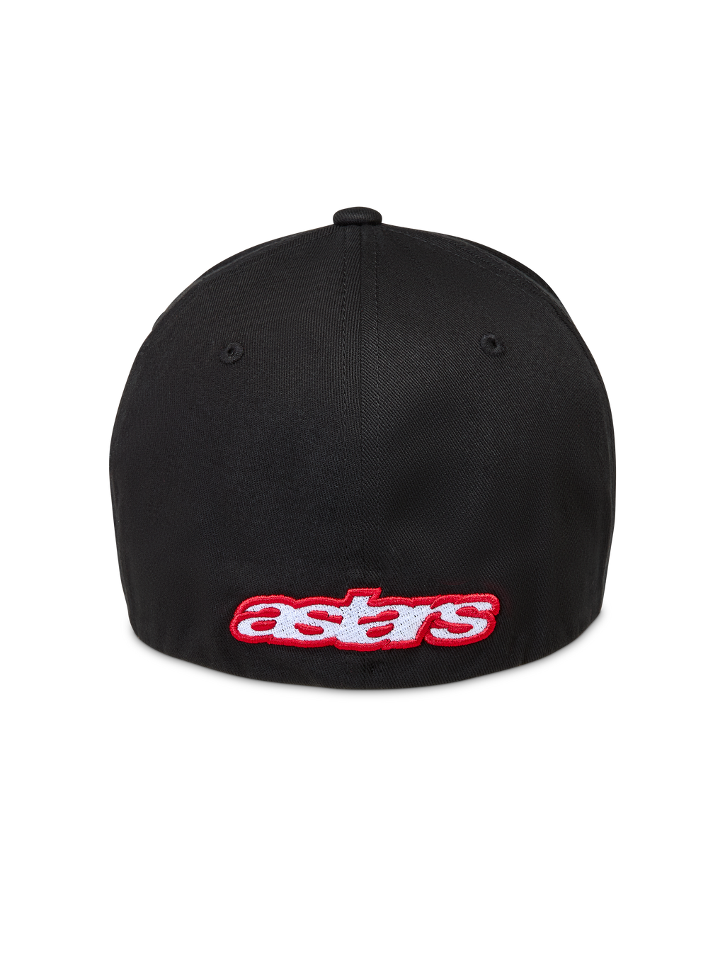 Alpinestars Lineout hatt, svart keps i twilltyg med flexibelt bakstycke, vy bakifrån med röd och vit broderad Astars-logotyp, motorsportinspirerad huvudbonad