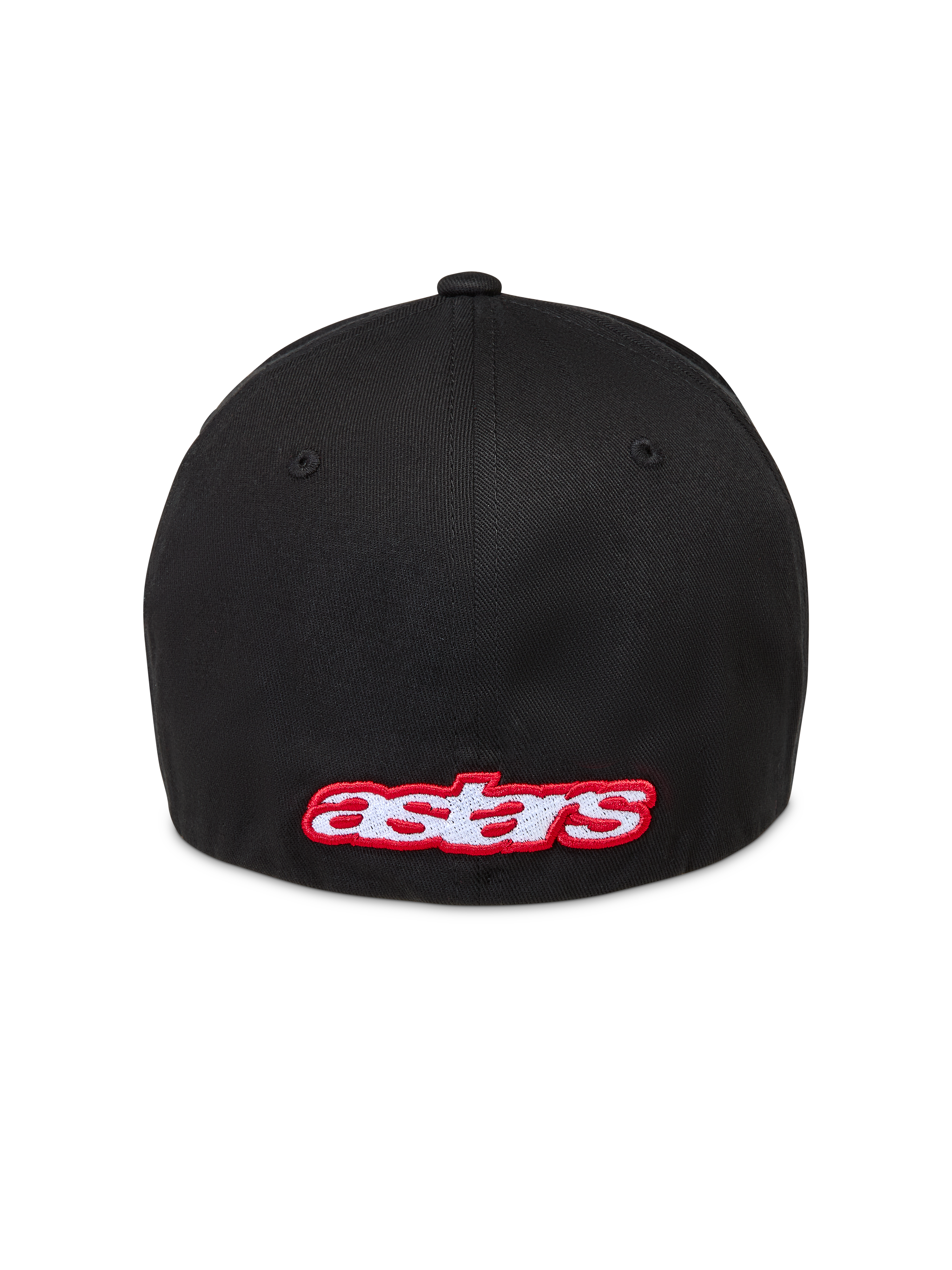 Alpinestars Lineout hatt, svart keps i twilltyg med flexibelt bakstycke, vy bakifrån med röd och vit broderad Astars-logotyp, motorsportinspirerad huvudbonad