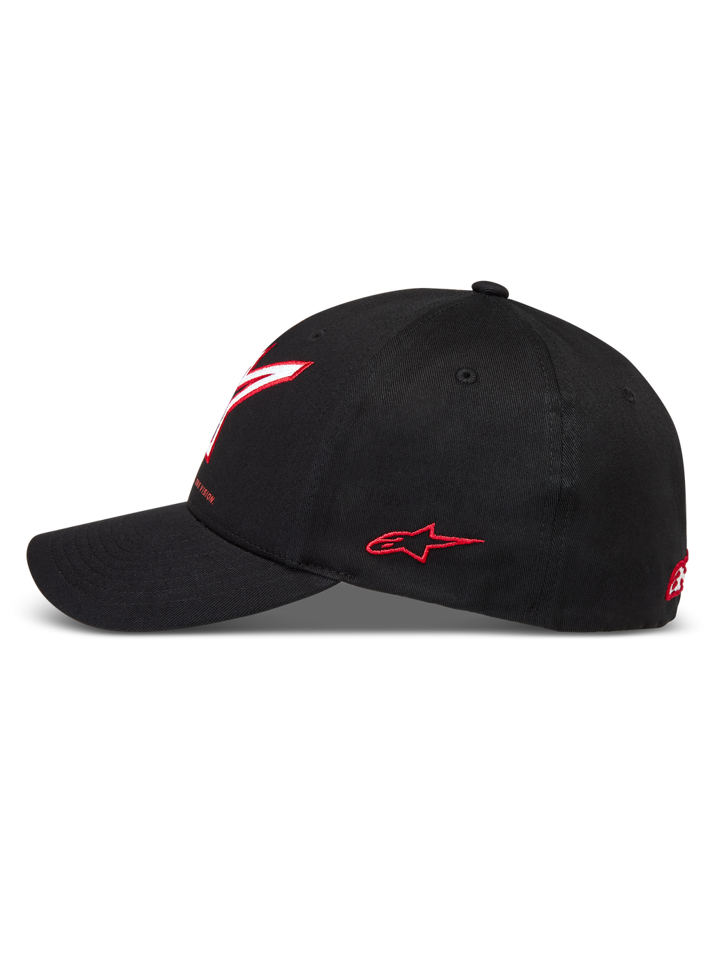 Alpinestars Lineout keps, svart motorsportkeps med böjd skärm, röda broderade logotyper, slitstarkt twilltyg, sidovy