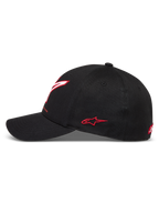 Alpinestars Lineout keps, svart motorsportkeps med böjd skärm, röda broderade logotyper, slitstarkt twilltyg, sidovy