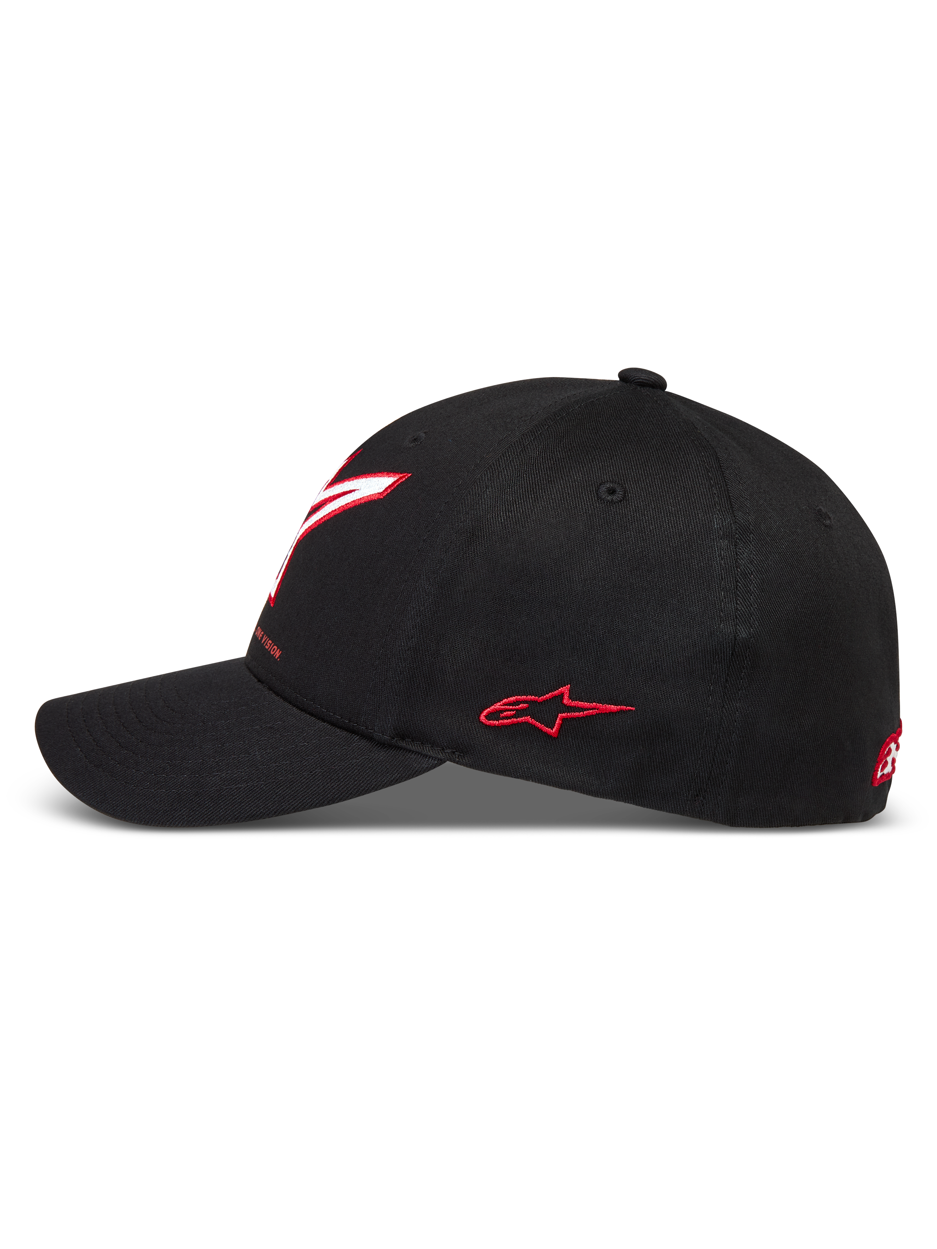 Alpinestars Lineout keps, svart motorsportkeps med böjd skärm, röda broderade logotyper, slitstarkt twilltyg, sidovy