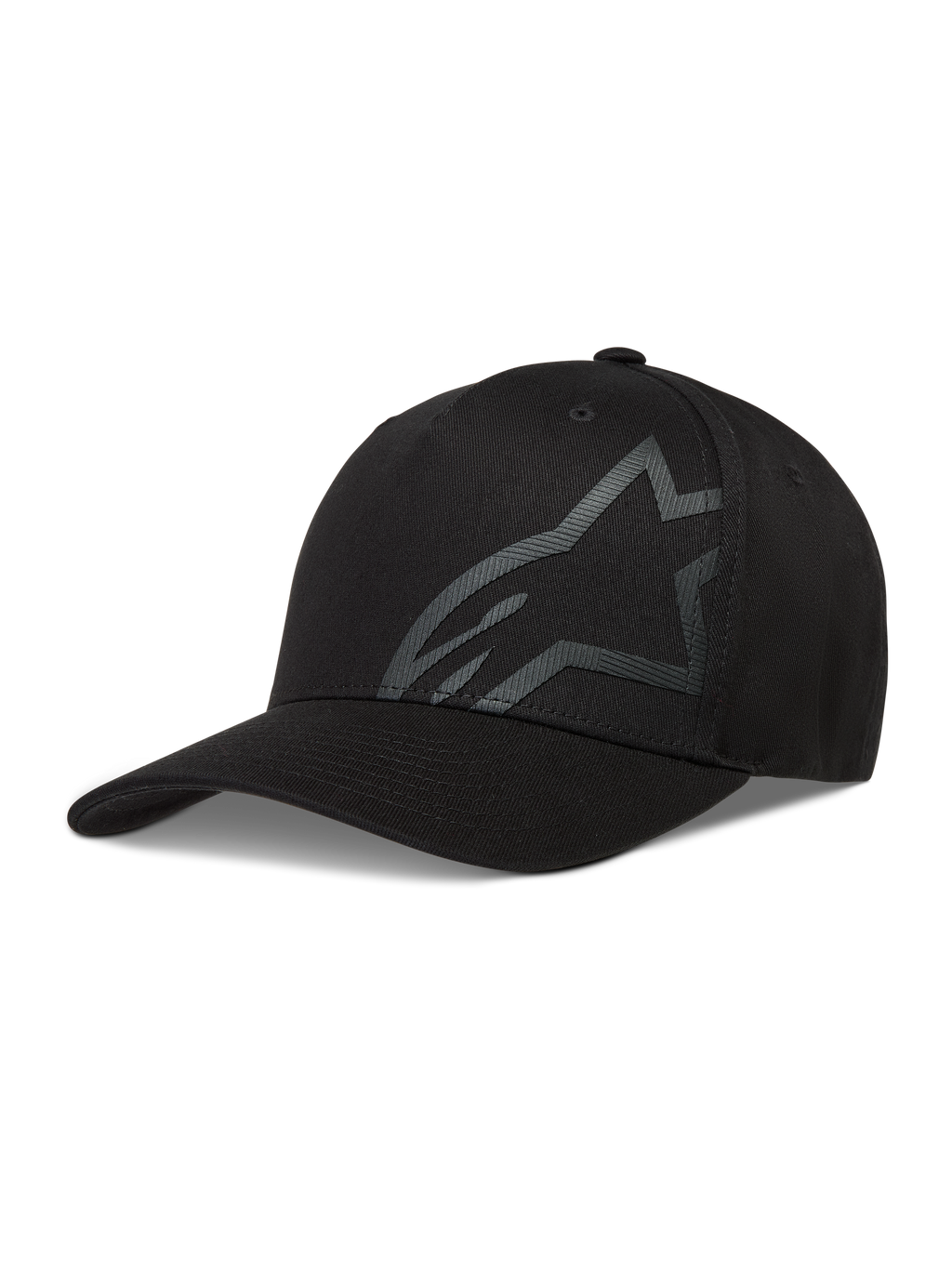 Alpinestars Maze keps, svart sportkeps i twill med böjd skärm, texturerad Astars-logotyp och flexibelt bakstycke