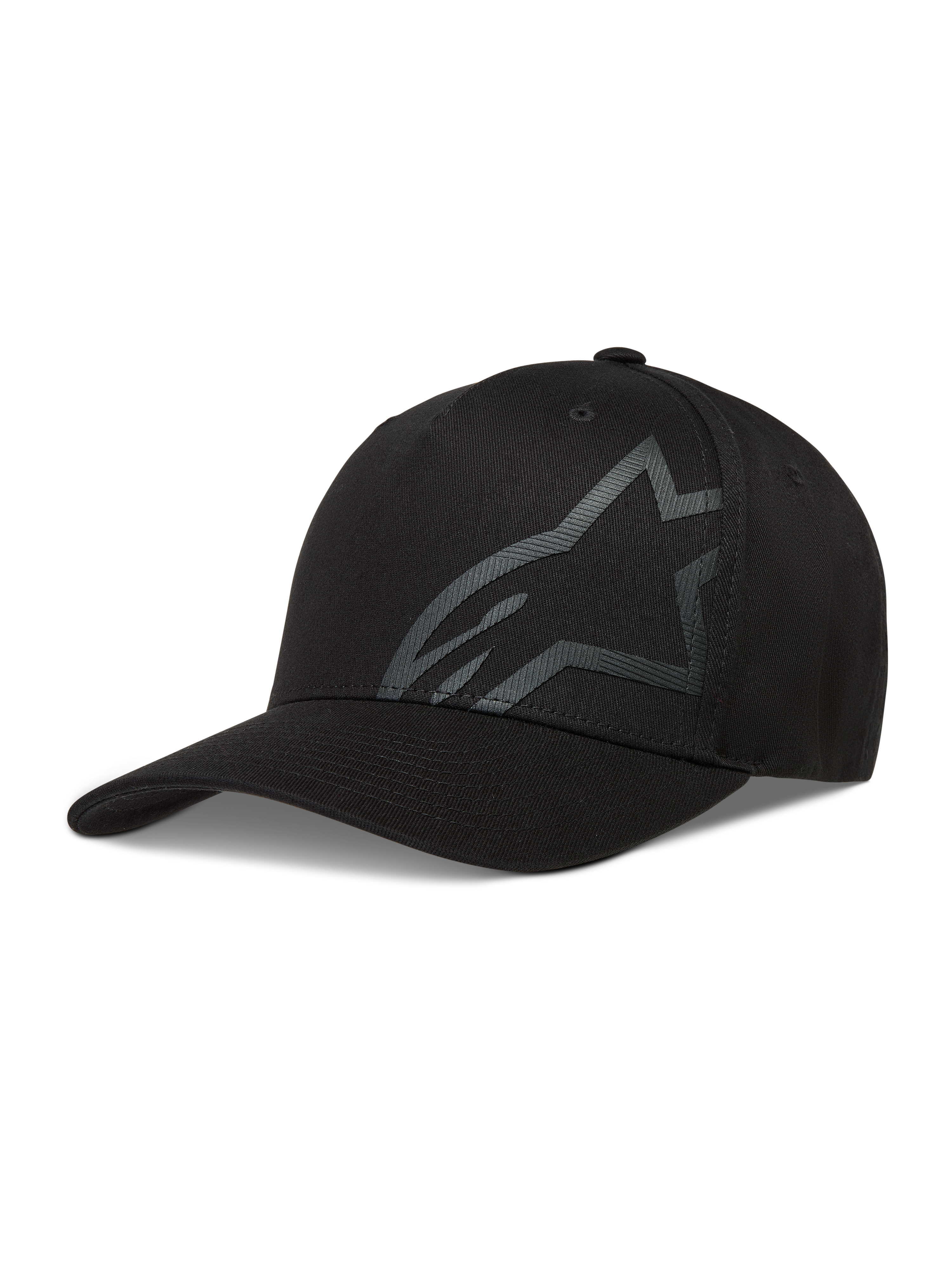 Alpinestars Maze keps, svart sportkeps i twill med böjd skärm, texturerad Astars-logotyp och flexibelt bakstycke