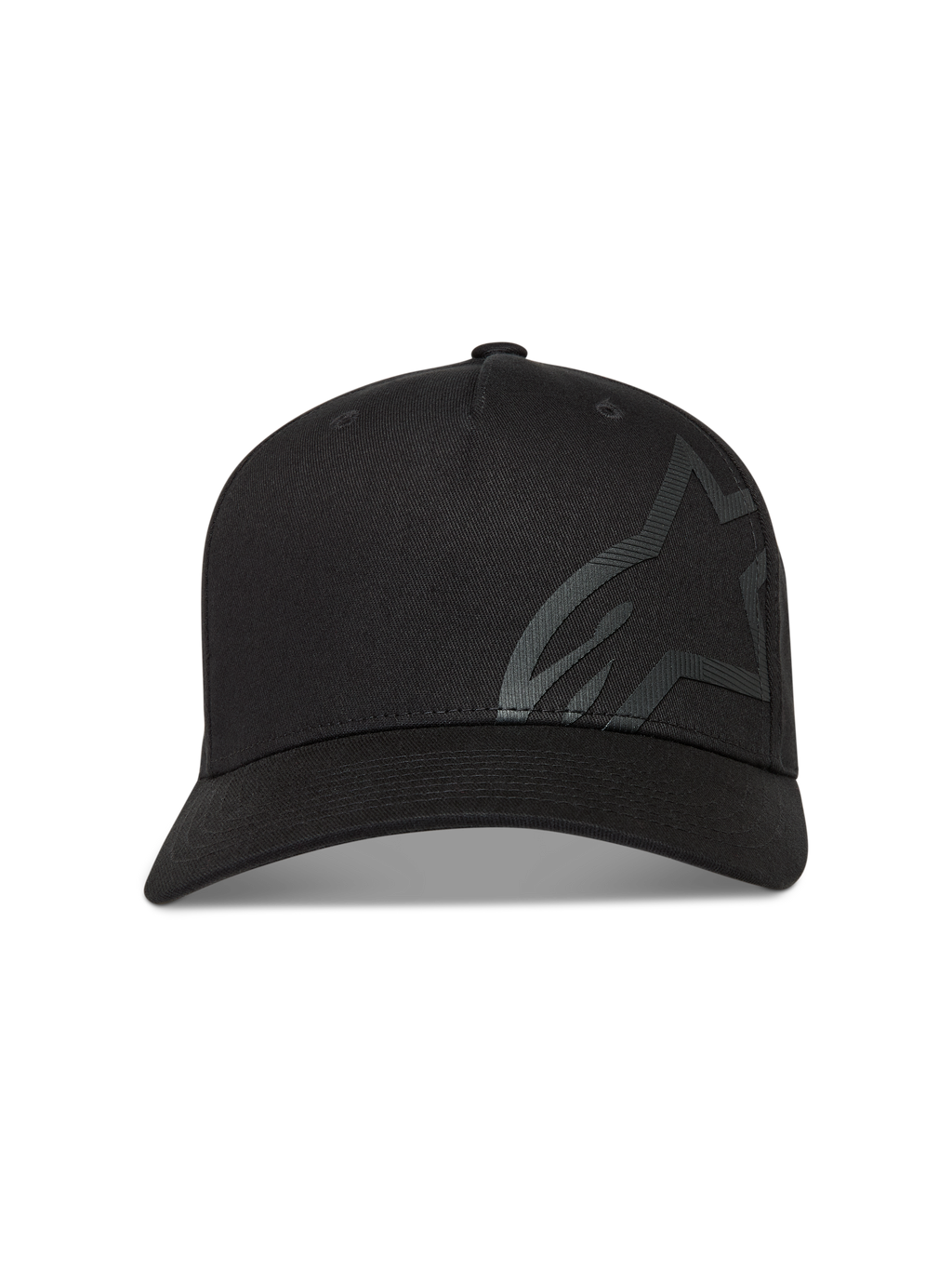 Alpinestars Maze Hatt, svart sportkeps med böjd skärm och stor texturerad Astars-logotyp på fronten, tillverkad i twilltyg.