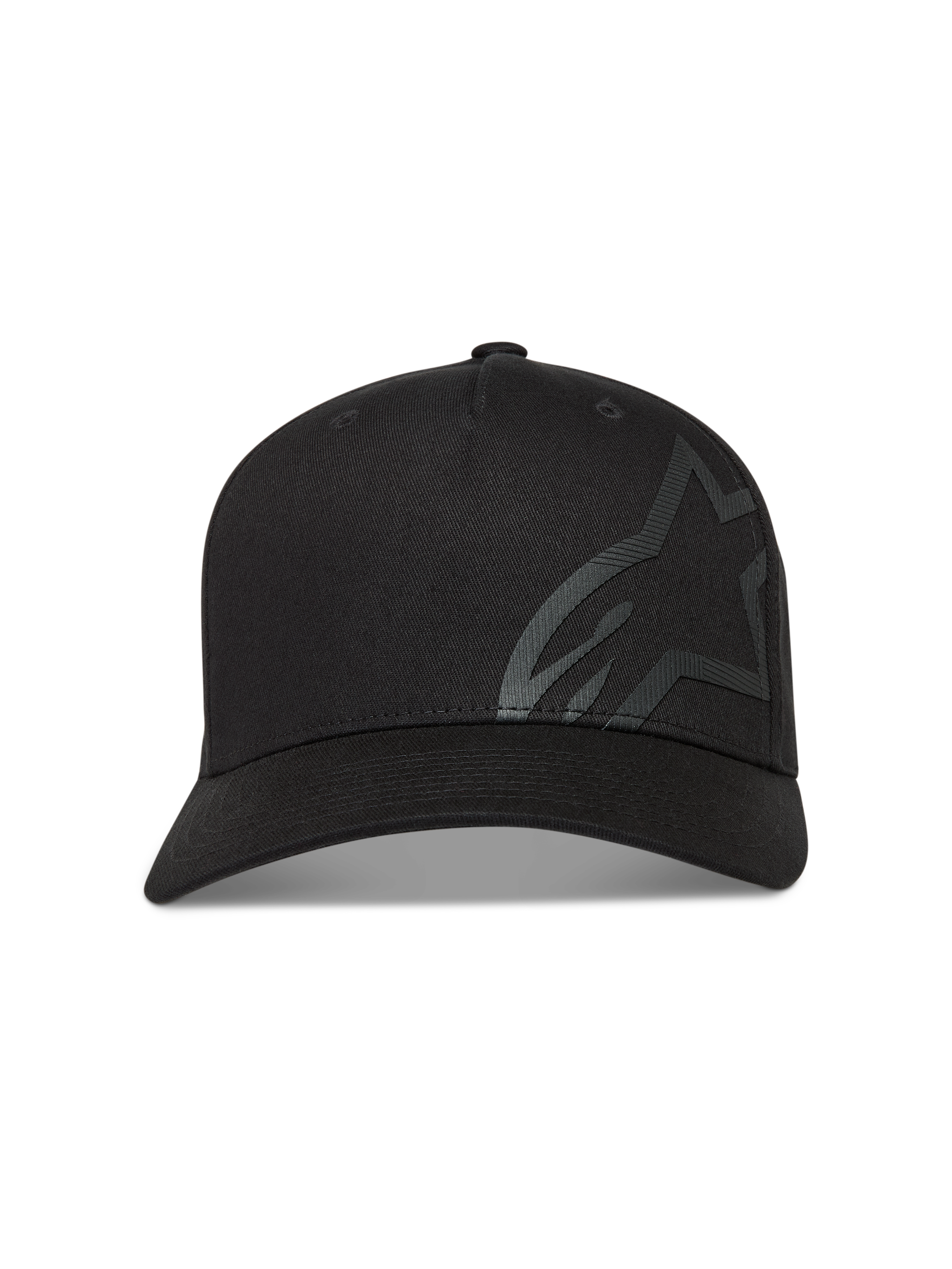 Alpinestars Maze Hatt, svart sportkeps med böjd skärm och stor texturerad Astars-logotyp på fronten, tillverkad i twilltyg.
