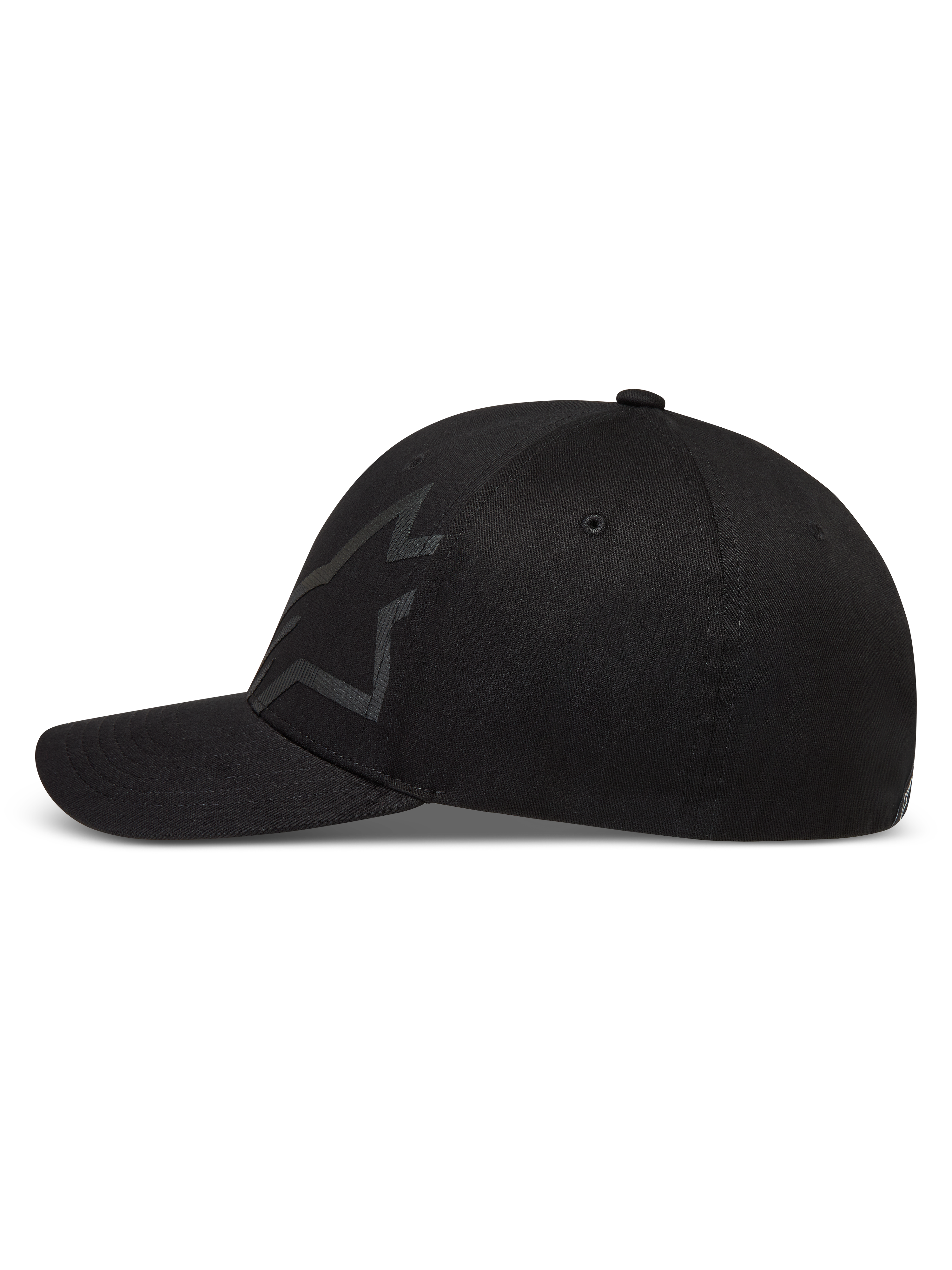 Alpinestars Maze hatt, svart keps med böjd skärm och strukturerad krona, sidovy i twill med texturerad Astars-logotyp, motorsportinspirerad huvudbonad.