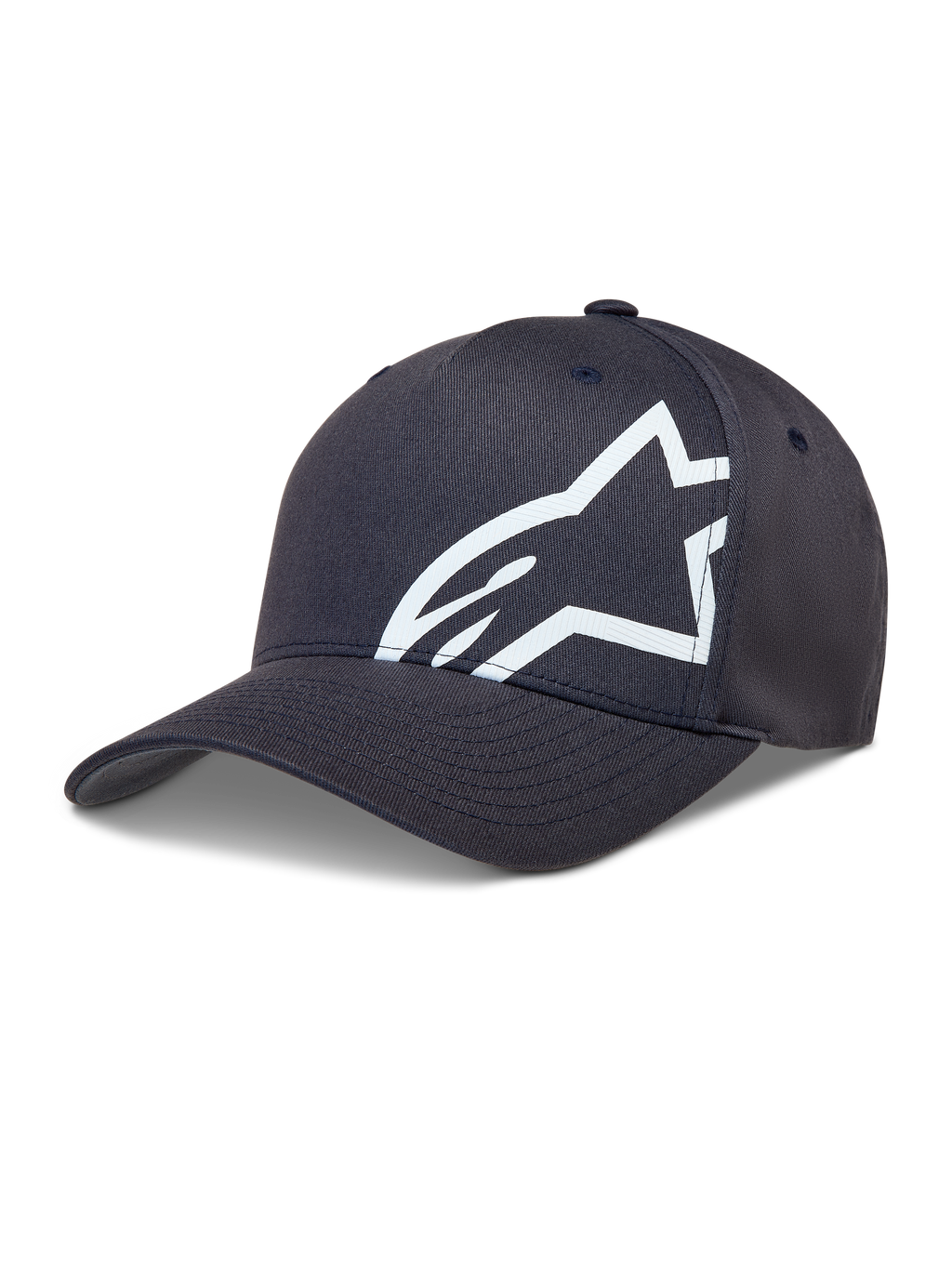 Alpinestars Maze keps, mörkgrå sportkeps med böjd skärm och stor vit texturerad Astars corp shift-logotyp.